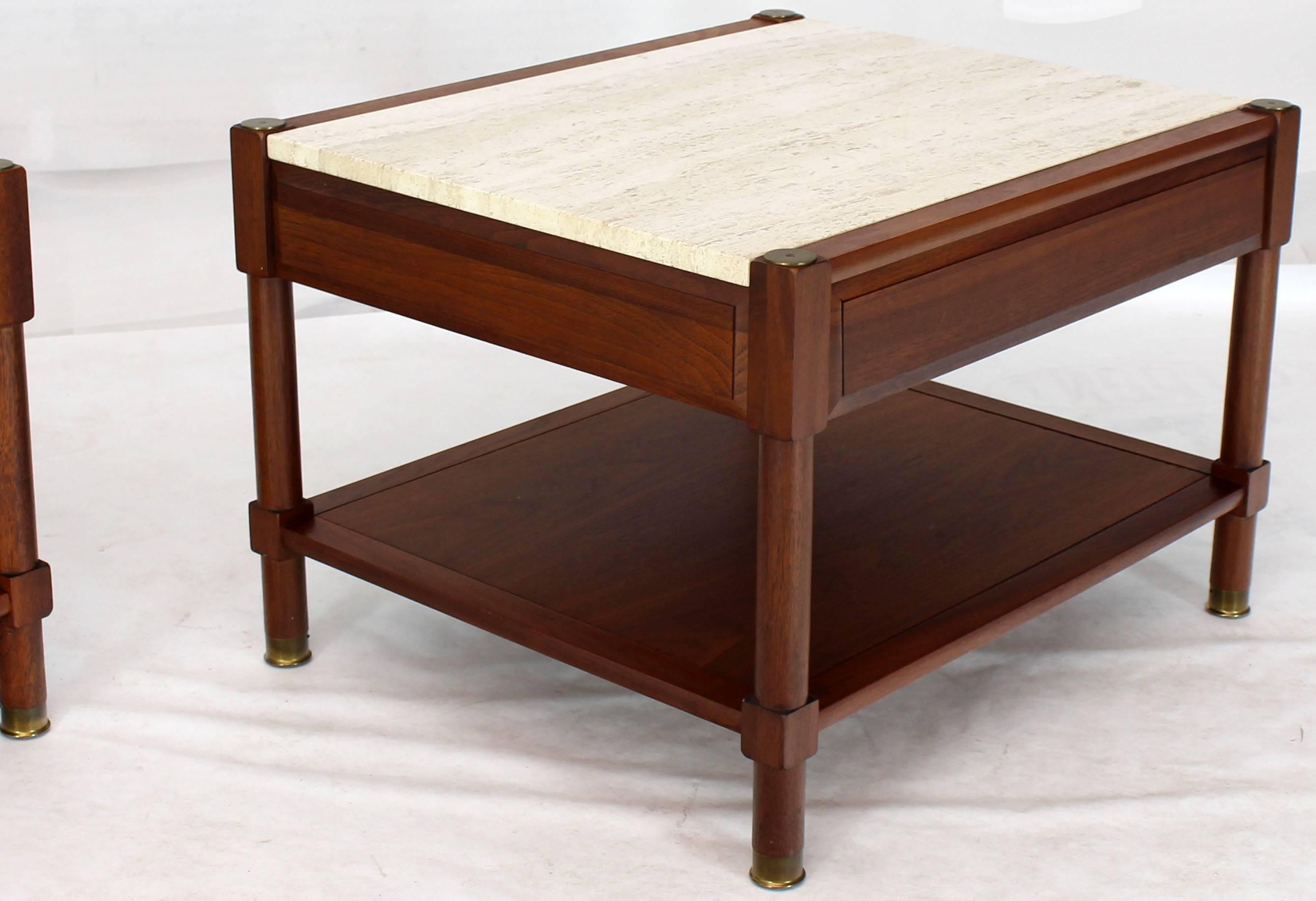 Pair of Travertine Tops One Drawer Oiled Walnut End Side Tables 3