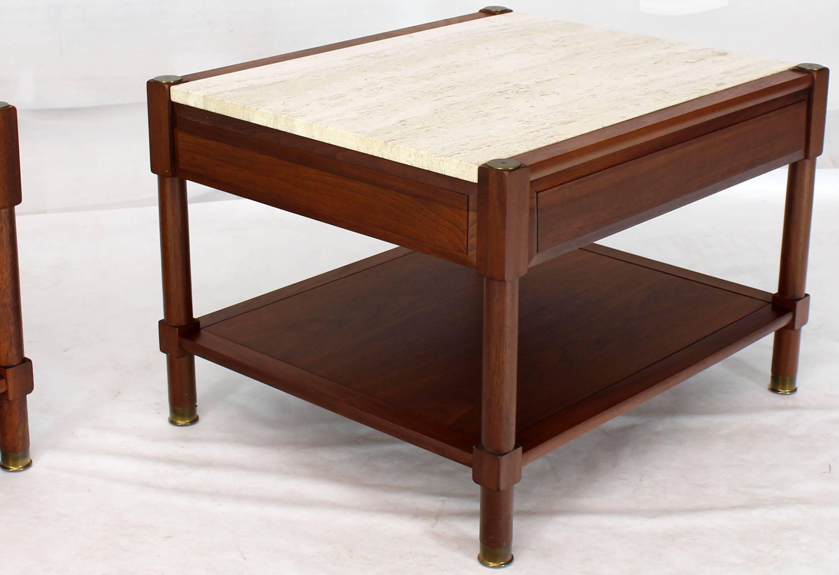 Pair of Travertine Tops One Drawer Oiled Walnut End Side Tables For Sale 3