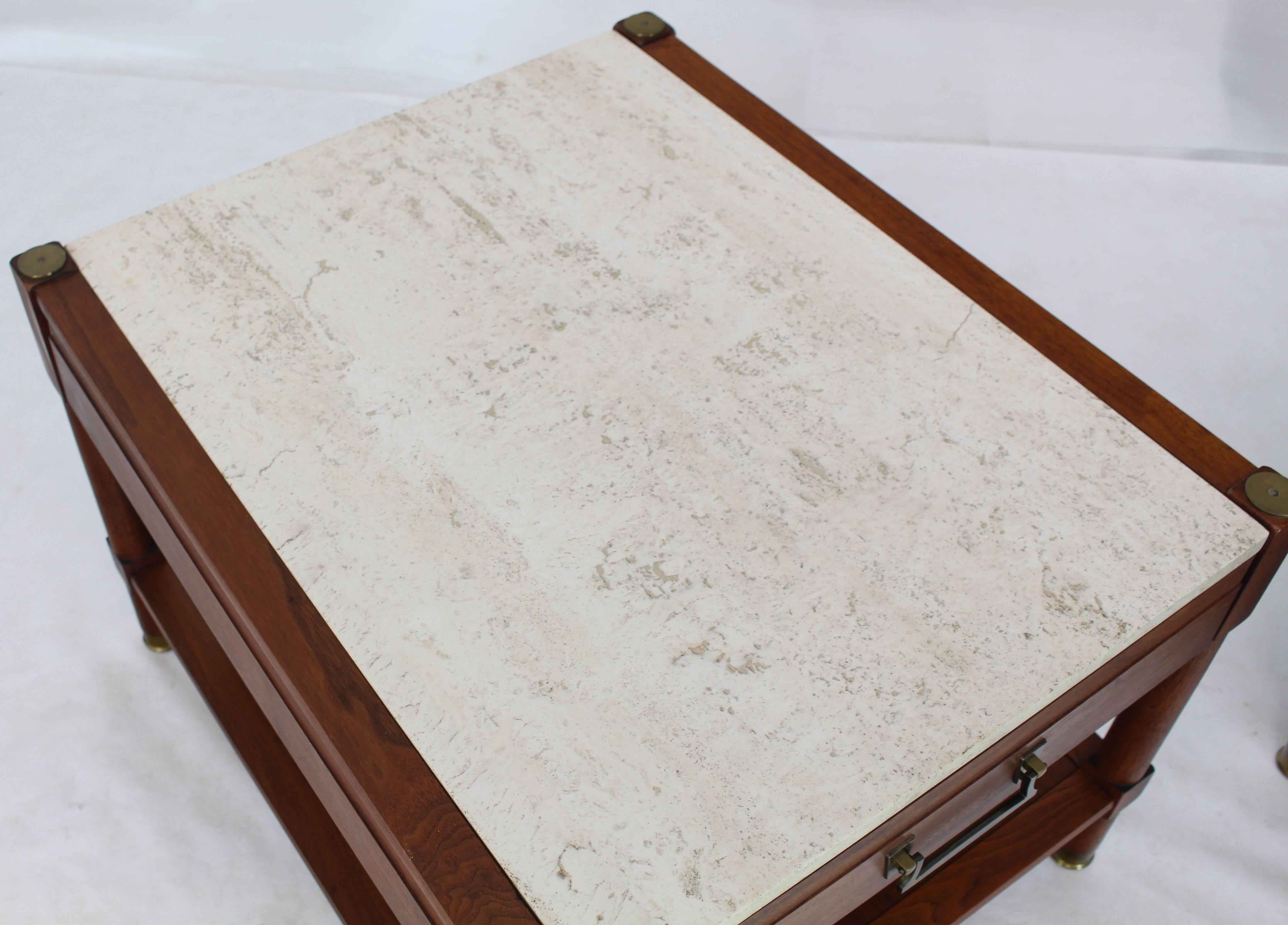 Pair of Travertine Tops One Drawer Oiled Walnut End Side Tables For Sale 4