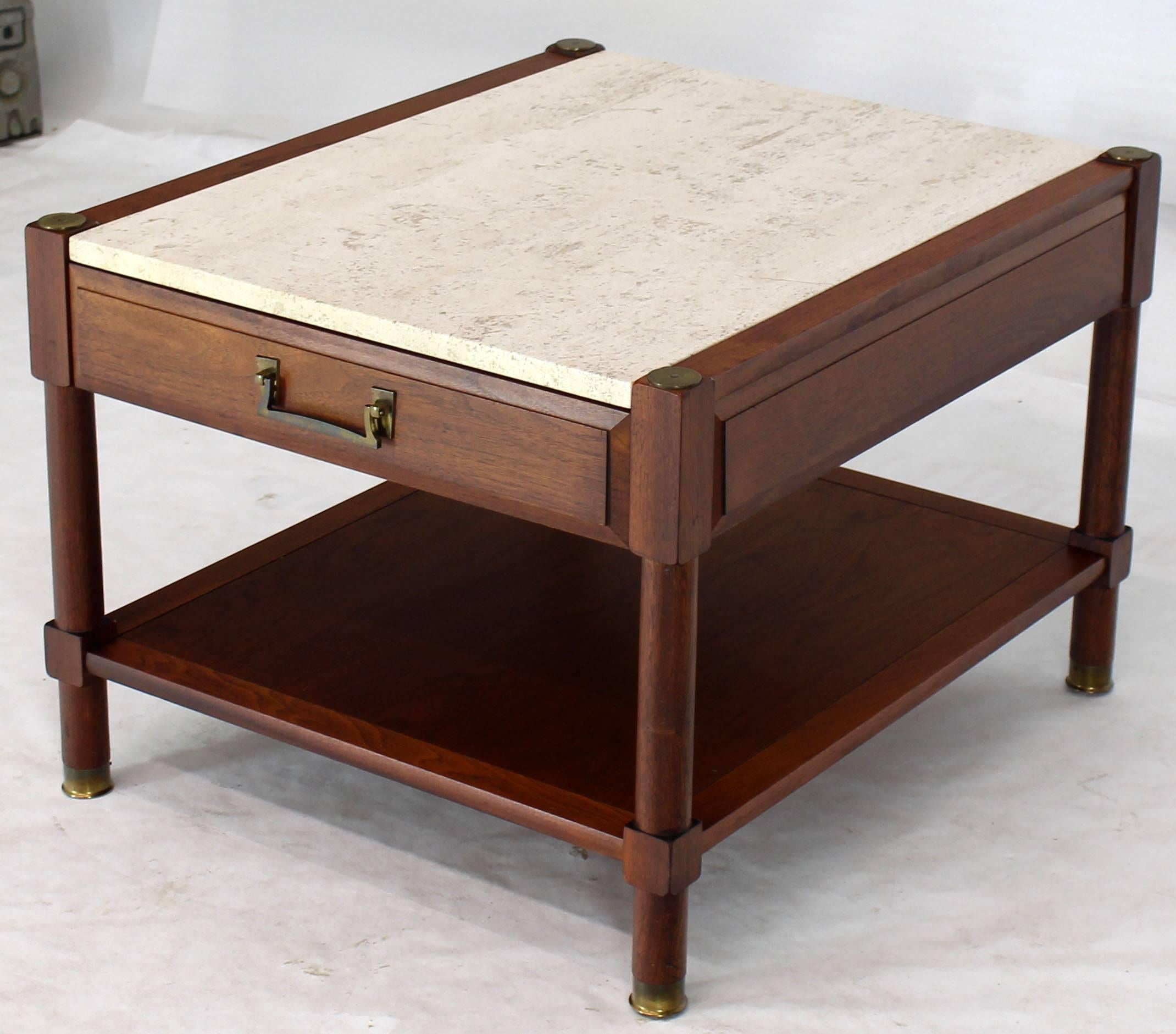 Mid-Century Modern Pair of Travertine Tops One Drawer Oiled Walnut End Side Tables For Sale