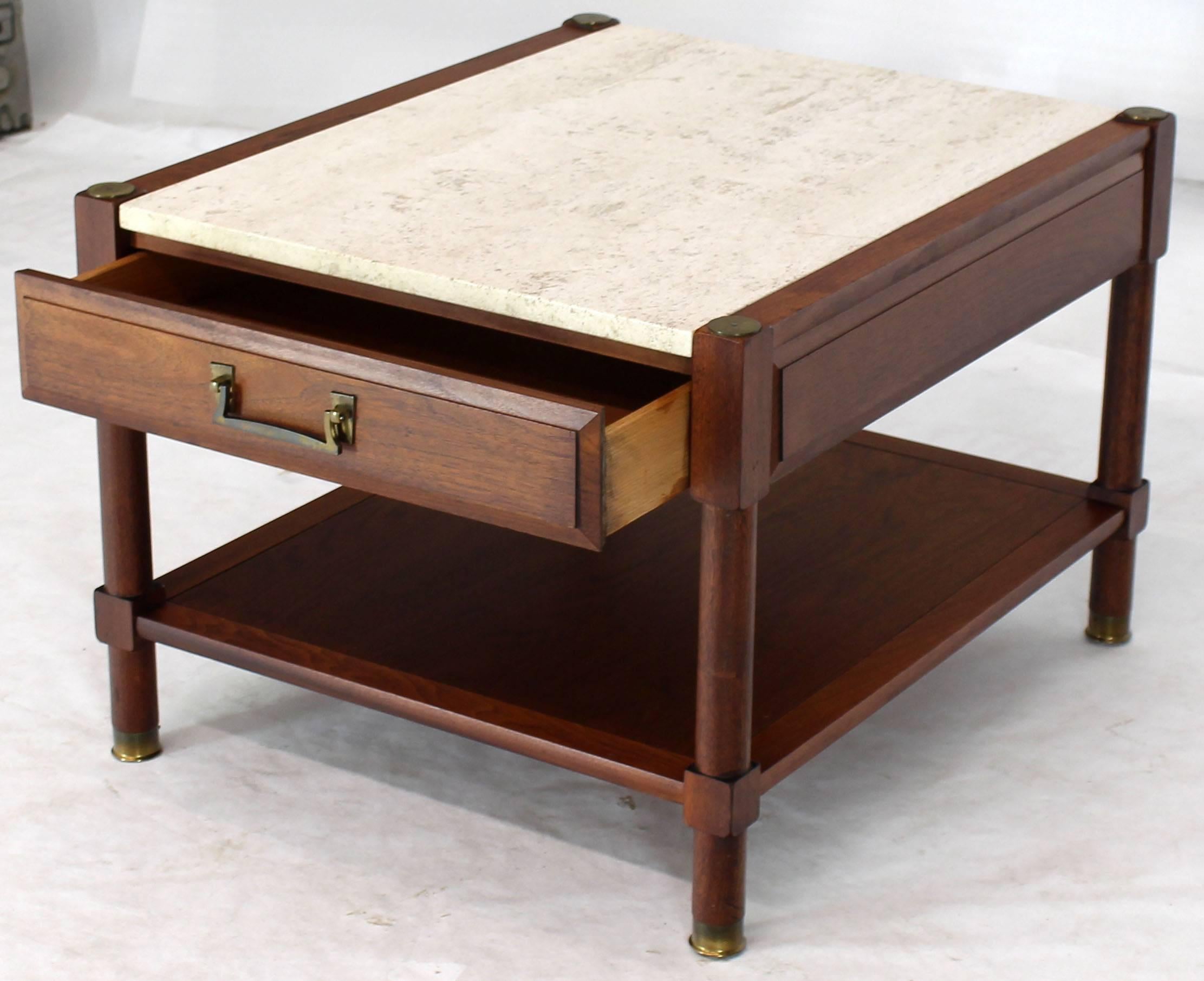 American Pair of Travertine Tops One Drawer Oiled Walnut End Side Tables