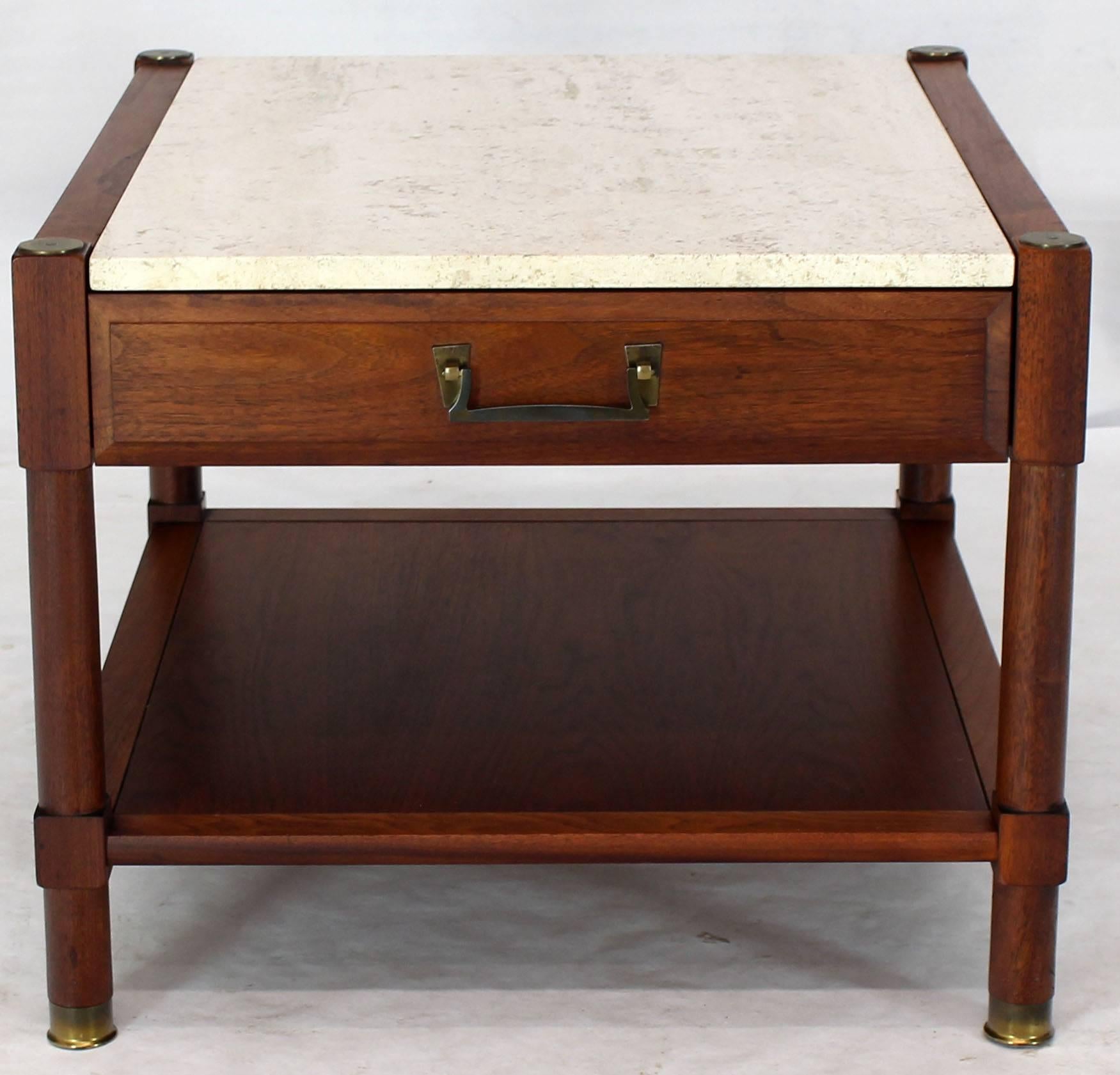 Pair of Travertine Tops One Drawer Oiled Walnut End Side Tables In Excellent Condition In Rockaway, NJ