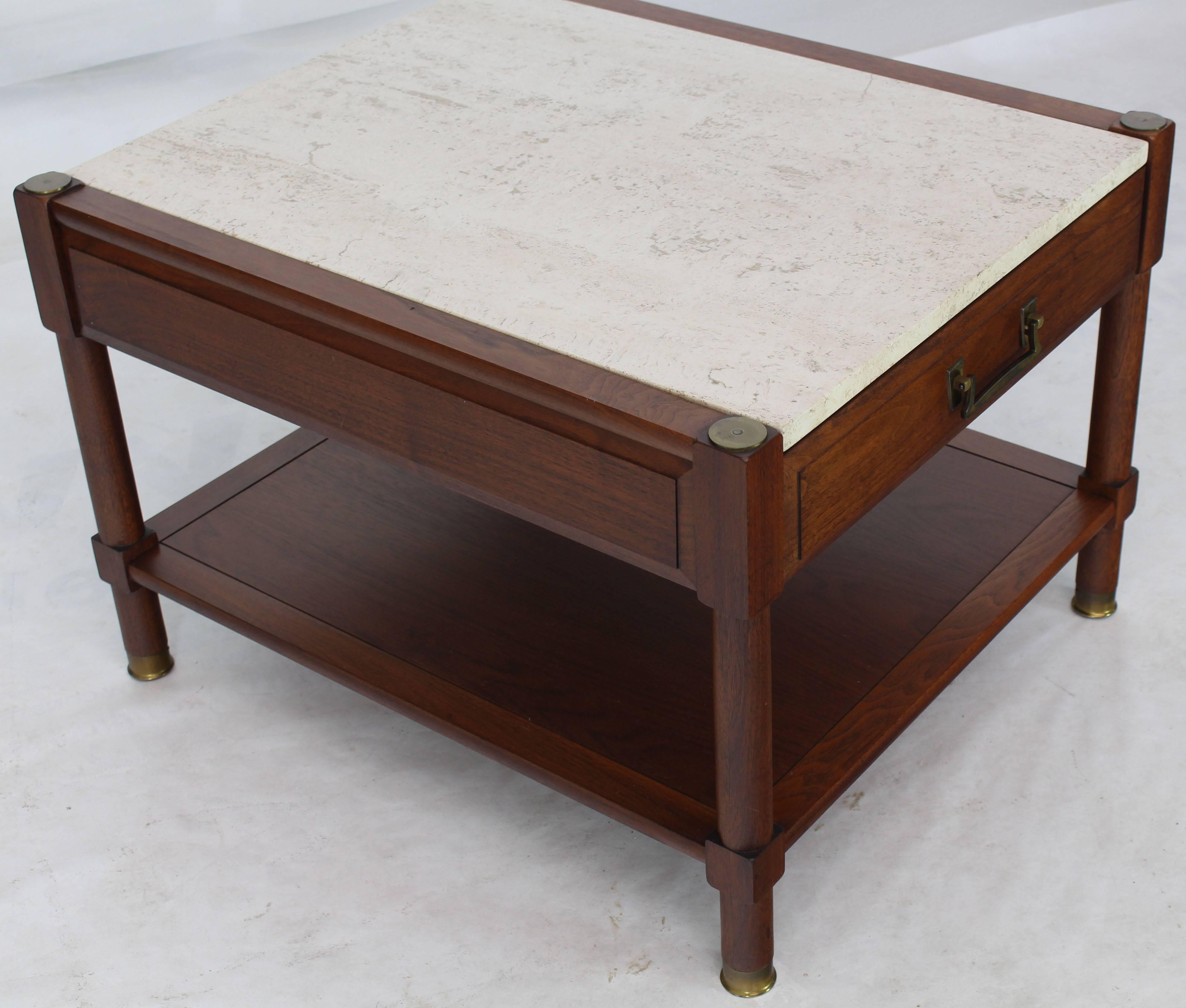 20th Century Pair of Travertine Tops One Drawer Oiled Walnut End Side Tables