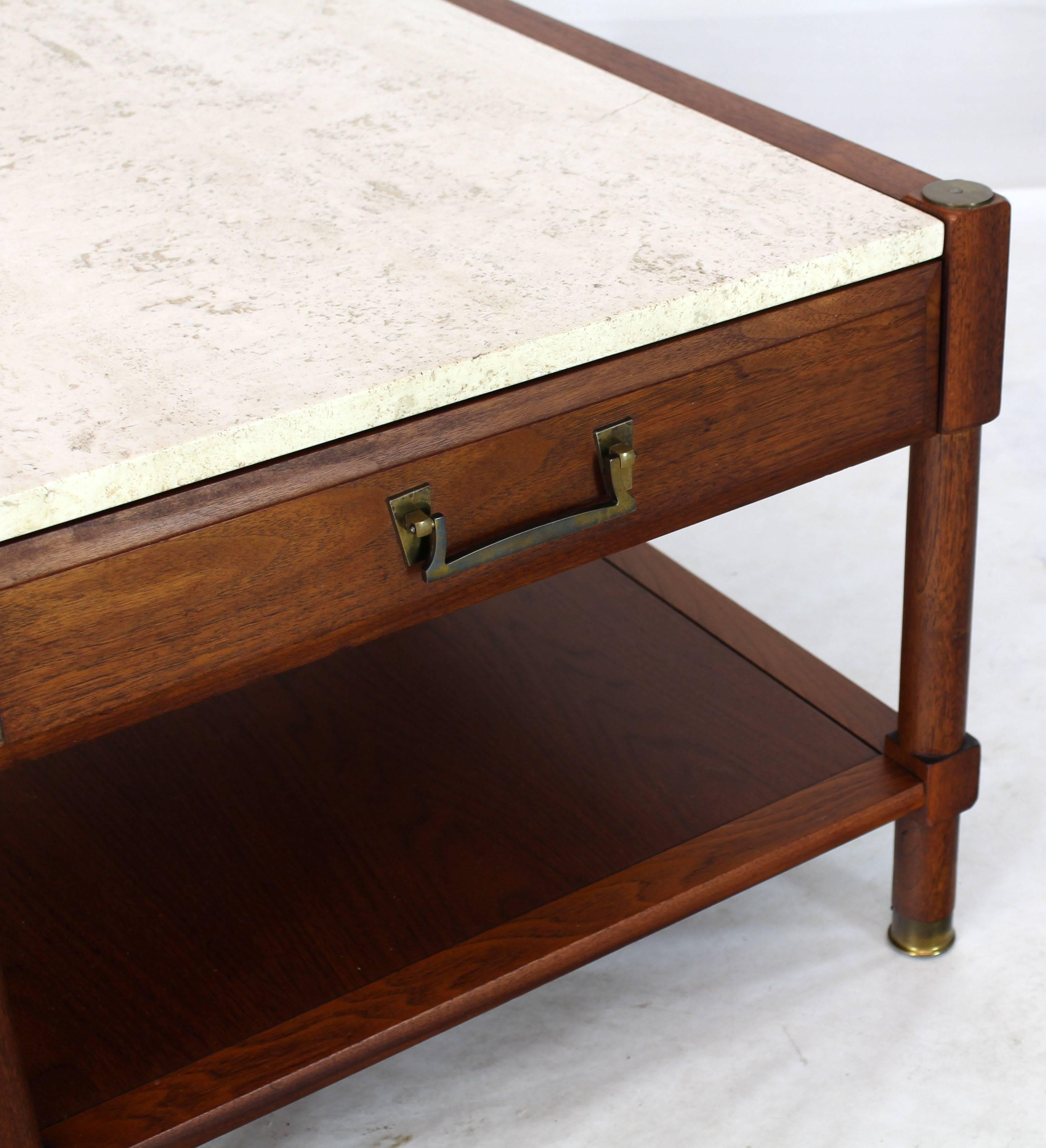 Brass Pair of Travertine Tops One Drawer Oiled Walnut End Side Tables