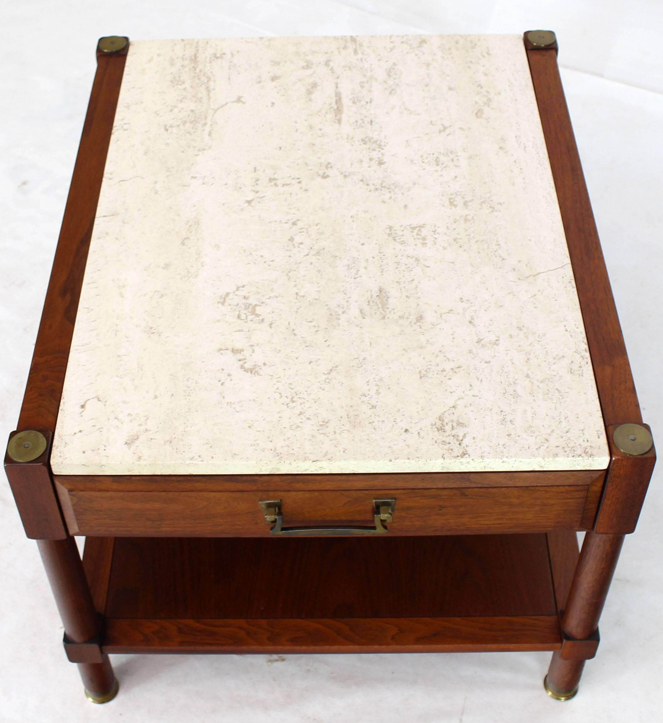 Pair of Travertine Tops One Drawer Oiled Walnut End Side Tables For Sale 1