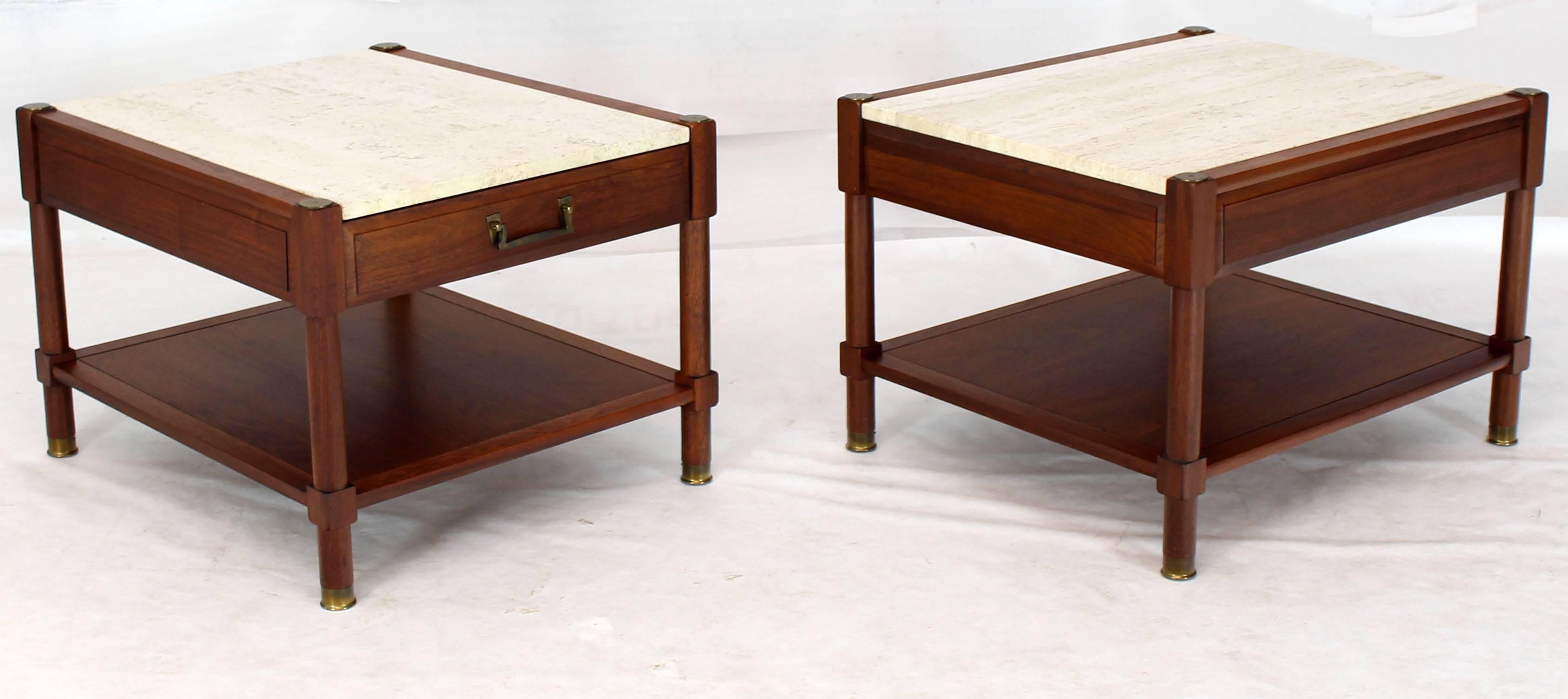 Pair of Travertine Tops One Drawer Oiled Walnut End Side Tables 2