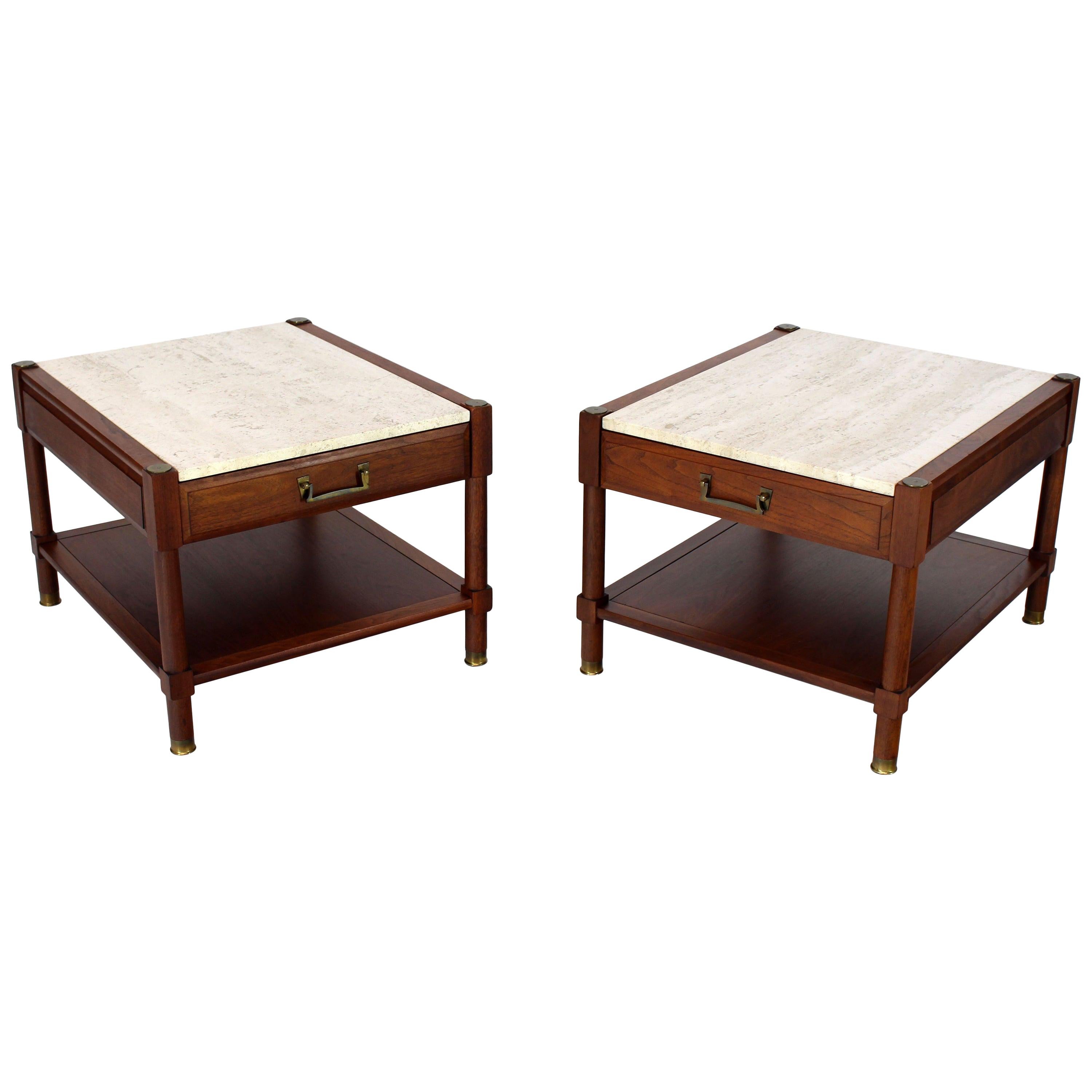 Pair of Travertine Tops One Drawer Oiled Walnut End Side Tables