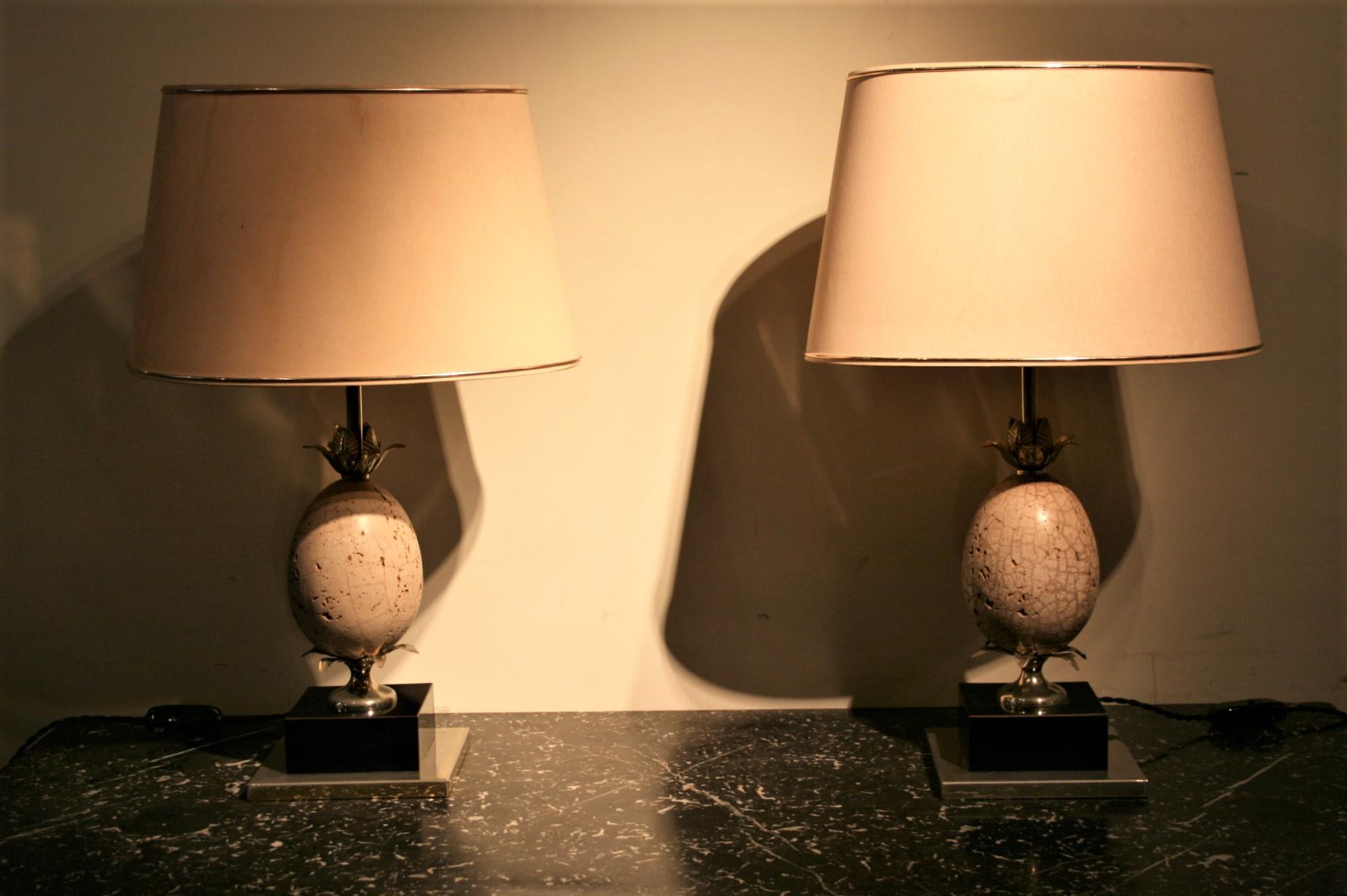 French Pair of Travetine Ostrich Egg Lamps