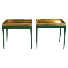 Vintage Pair of Tray Tables with Brass Tops and Green Bases