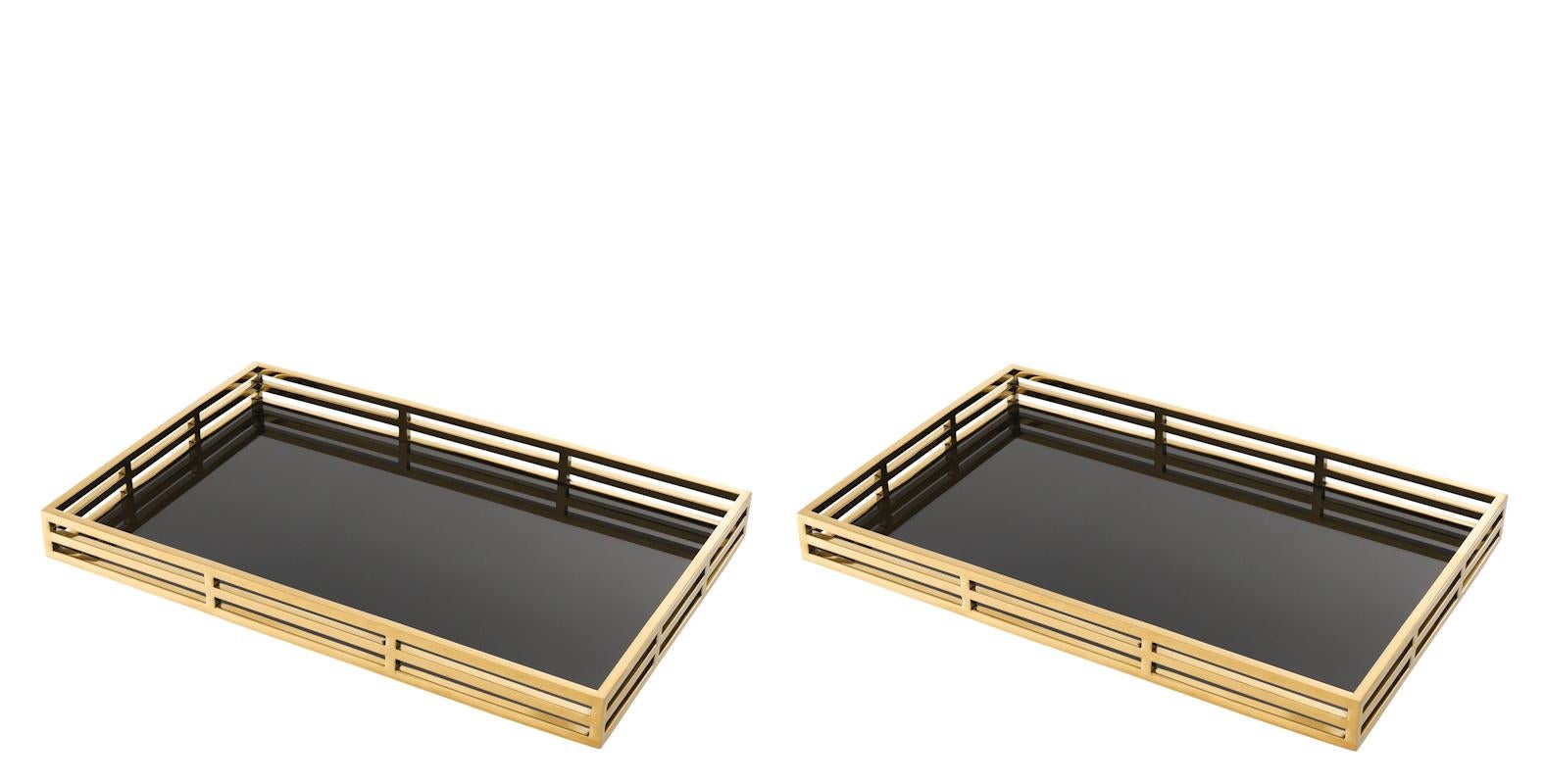 Paar Tabletts, vergoldetes Metall, schwarzes Glas, Art Déco-Stil. (Art déco) im Angebot