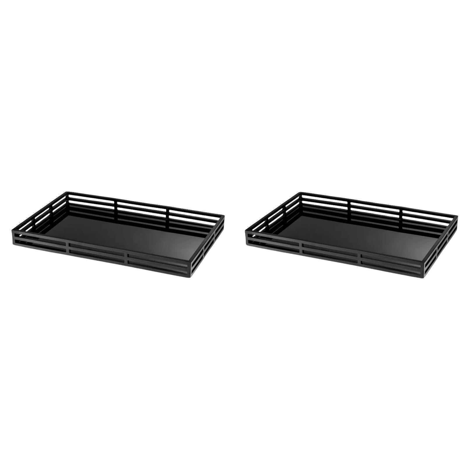 Pair of Trays, Matte Black Finish, Black Glass, Art Deco Style.