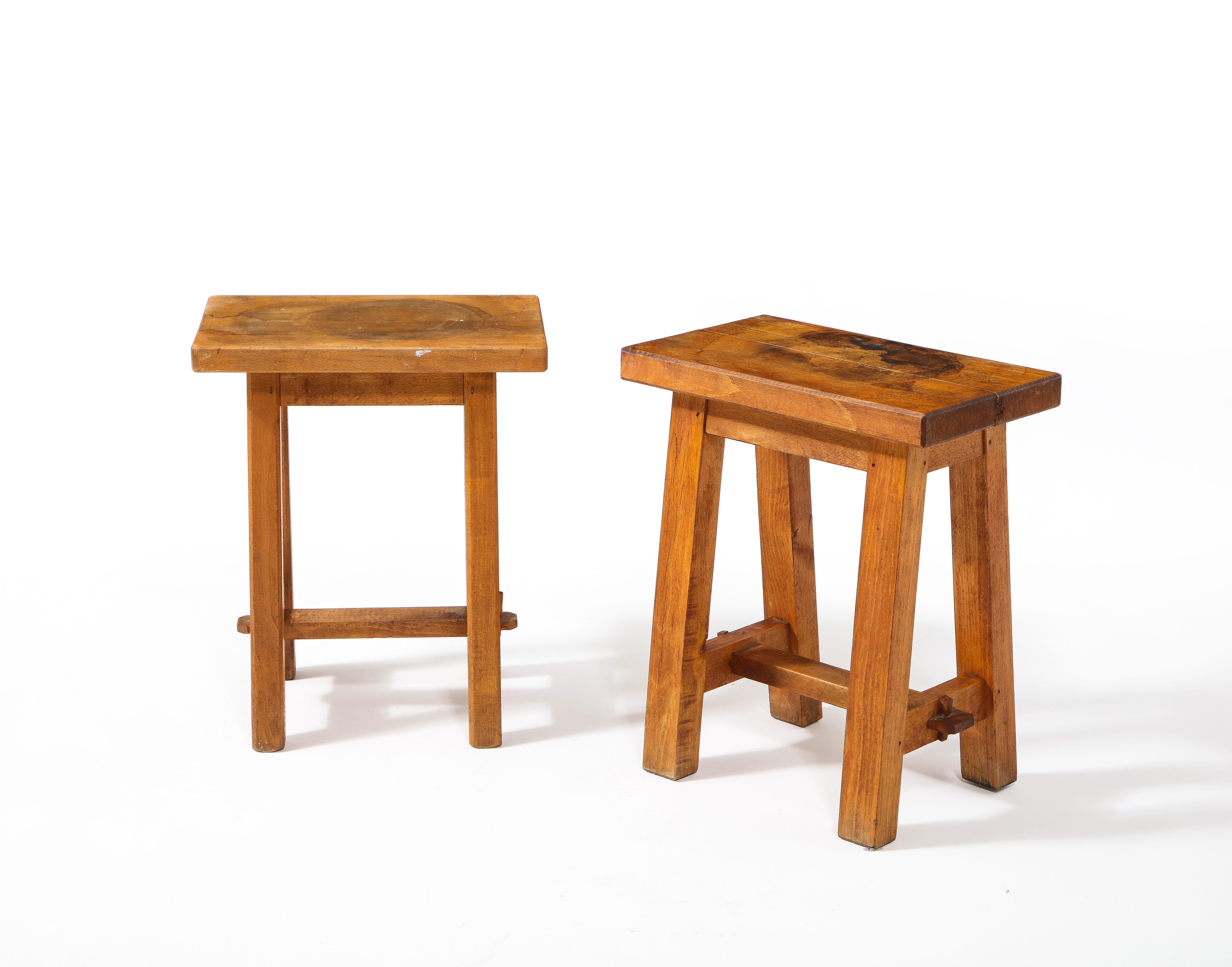 Pair of Solid Walnut Trestle Stools, France 1960's For Sale 4