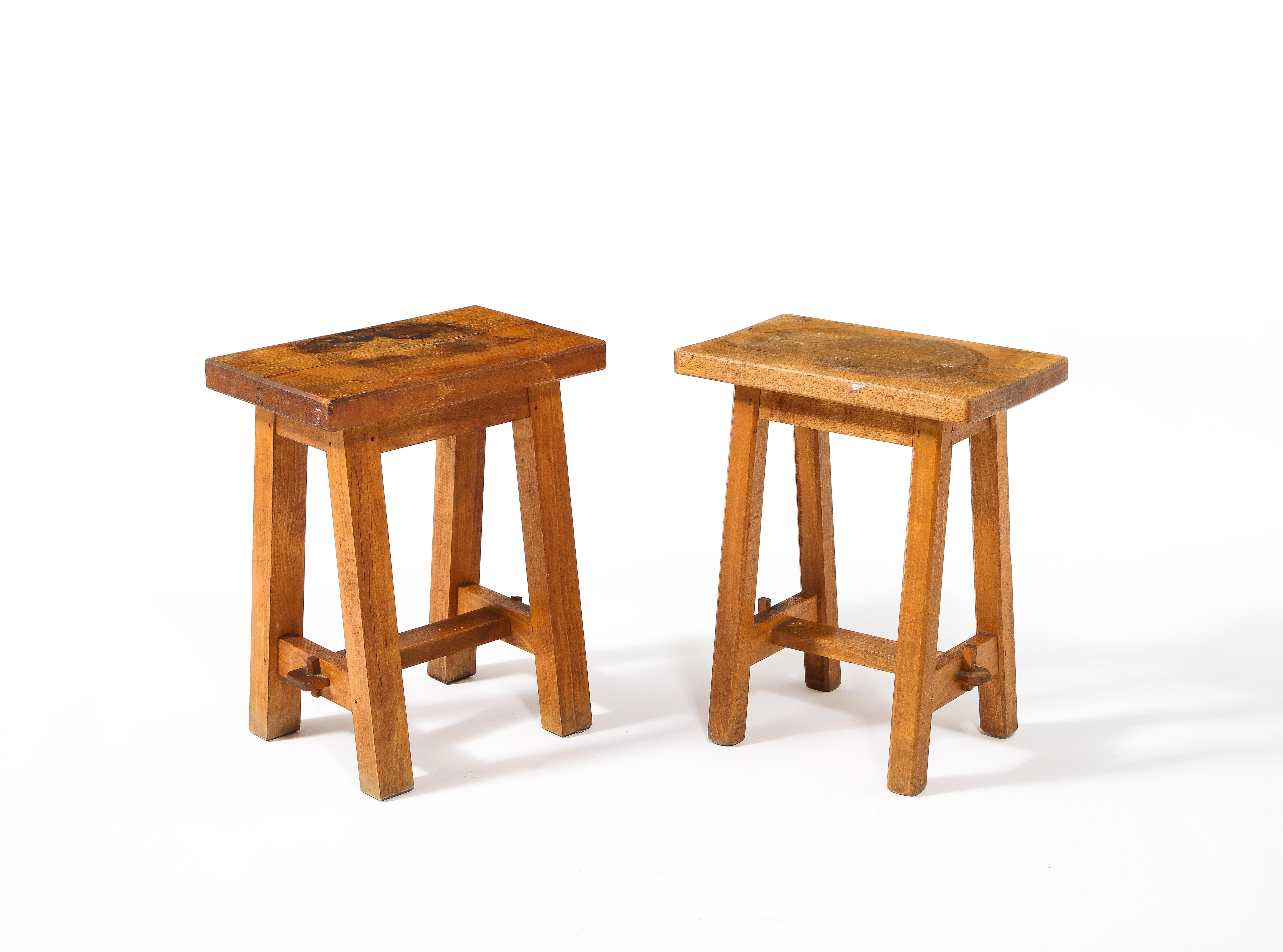 Rustic Pair of Solid Walnut Trestle Stools, France 1960's For Sale
