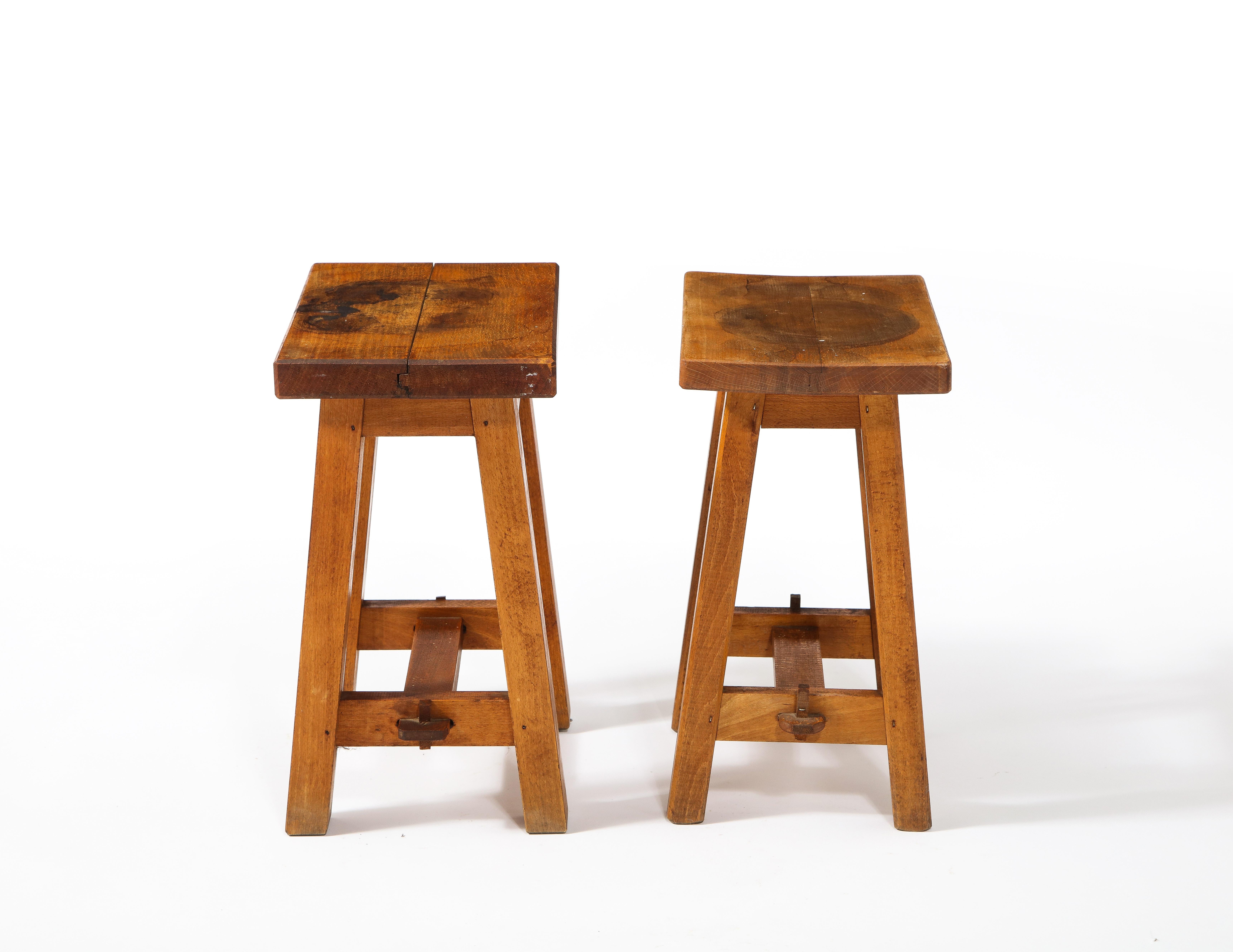 French Pair of Solid Walnut Trestle Stools, France 1960's For Sale