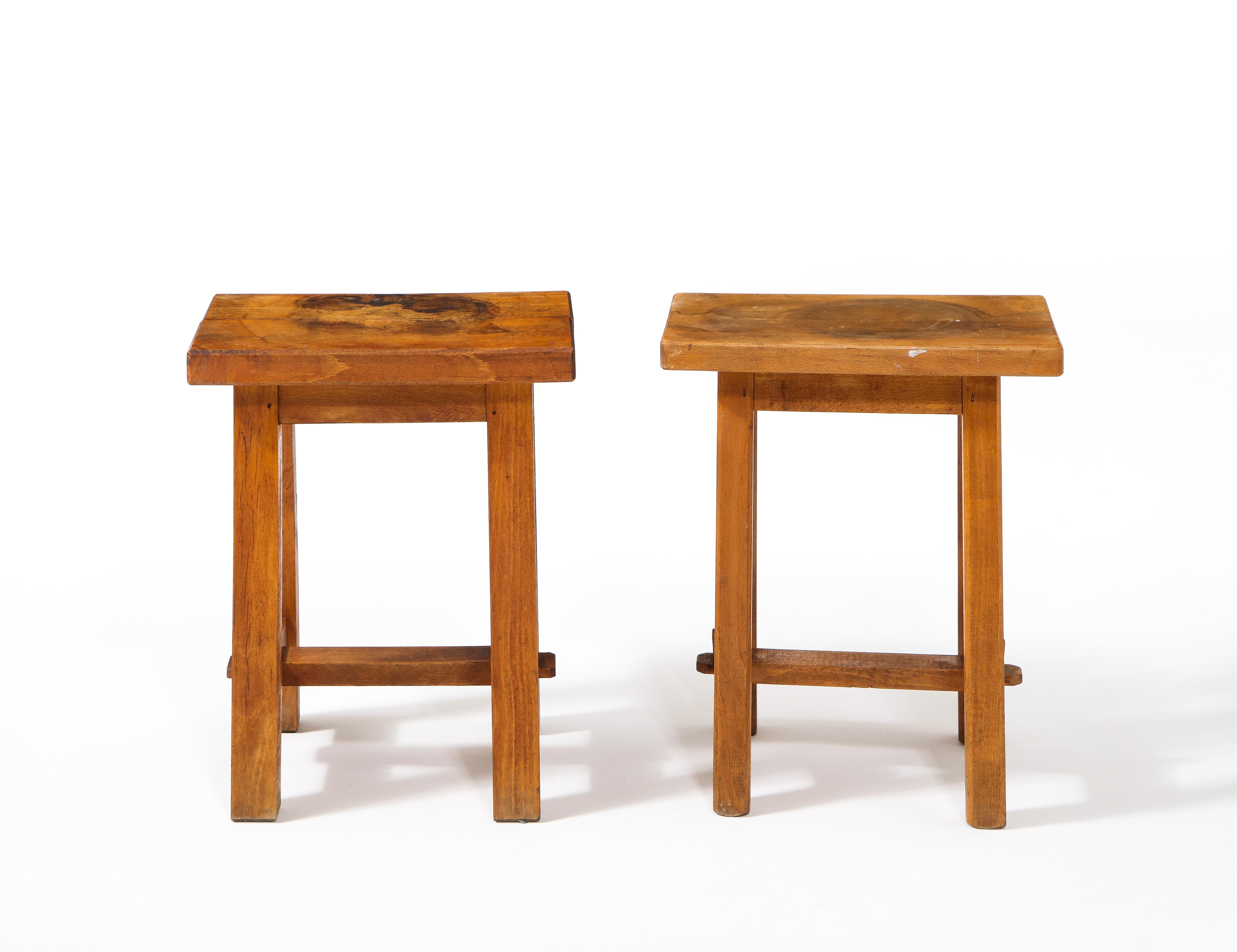 Pair of Solid Walnut Trestle Stools, France 1960's For Sale 1