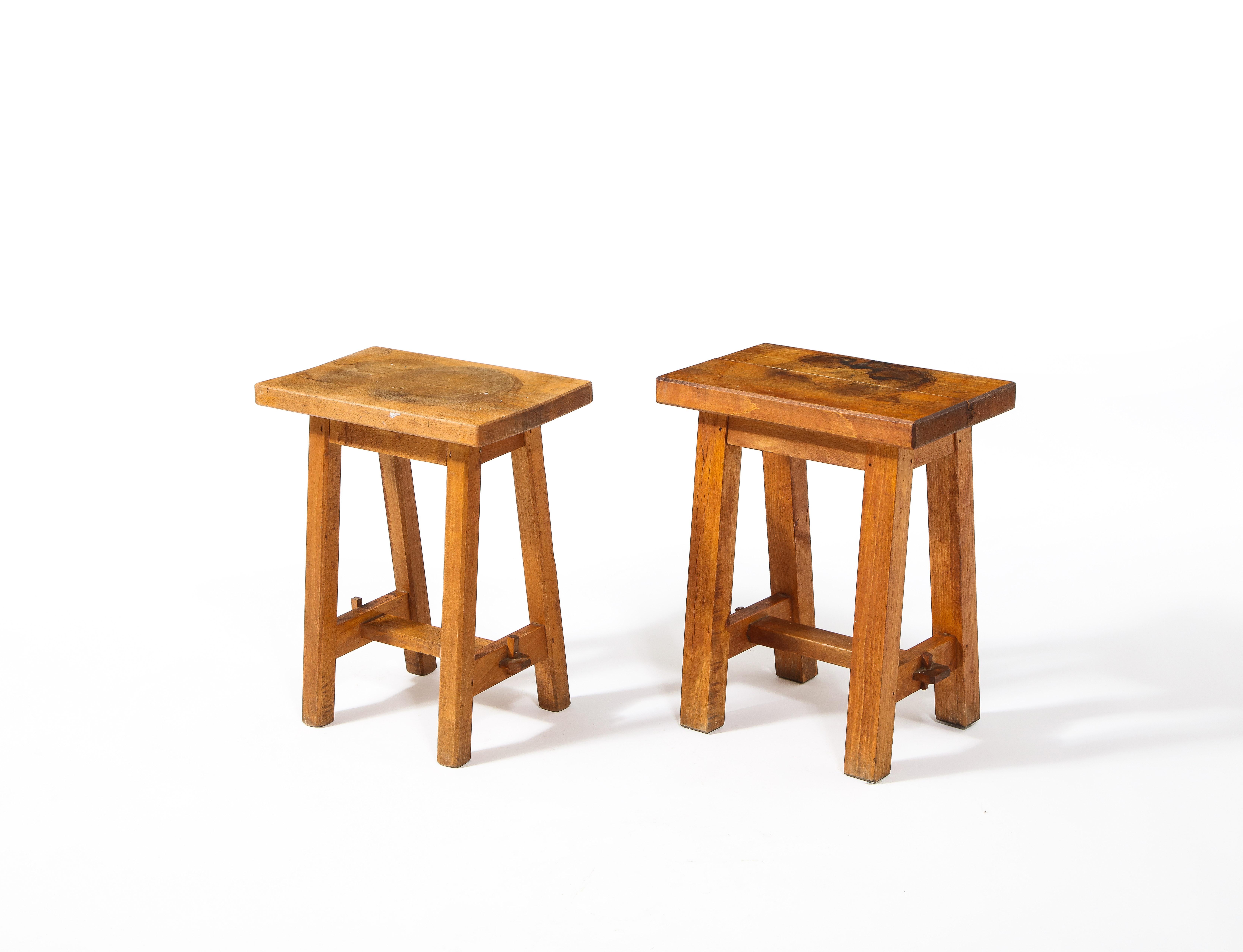 Pair of Solid Walnut Trestle Stools, France 1960's For Sale 3