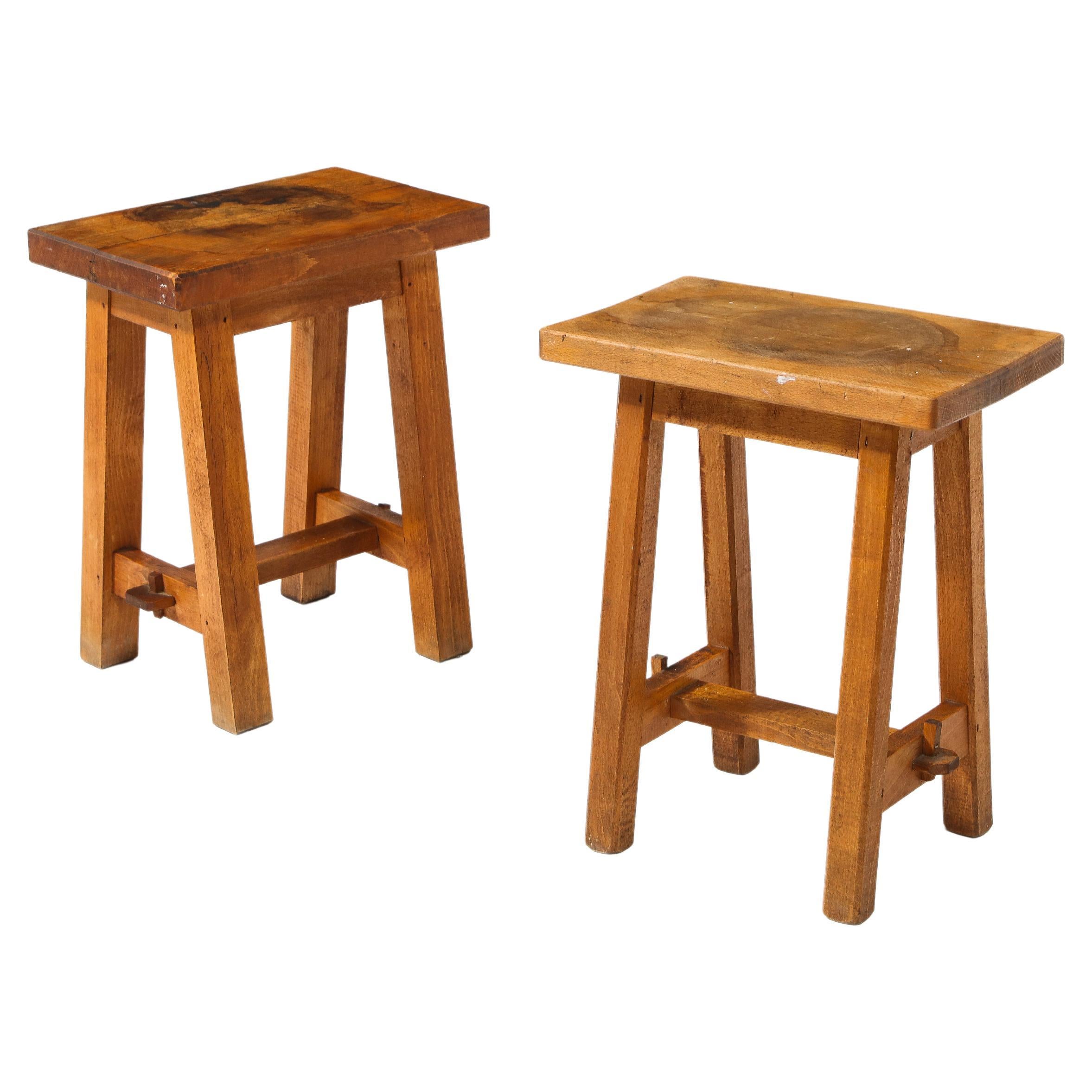Pair of Solid Walnut Trestle Stools, France 1960's For Sale