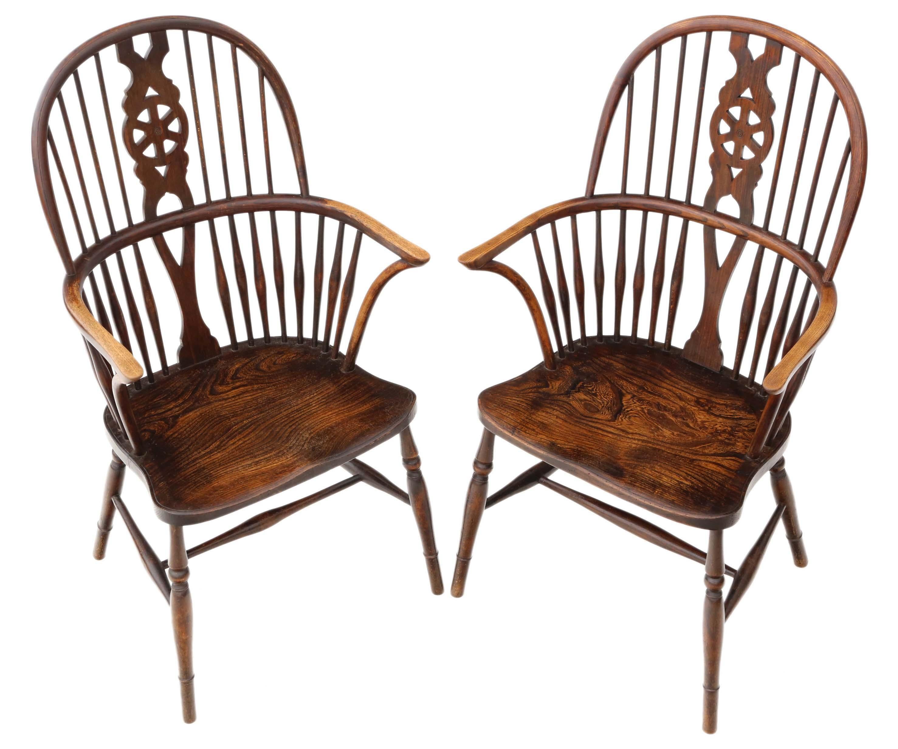 Pair of Trevor Page circa 1920 ash and elm Windsor chairs armchairs.
Solid and no loose joints. Full of age, character and charm. Very decorative chairs. Lovely wear and patination to the arms and seats.
Would look great in the right