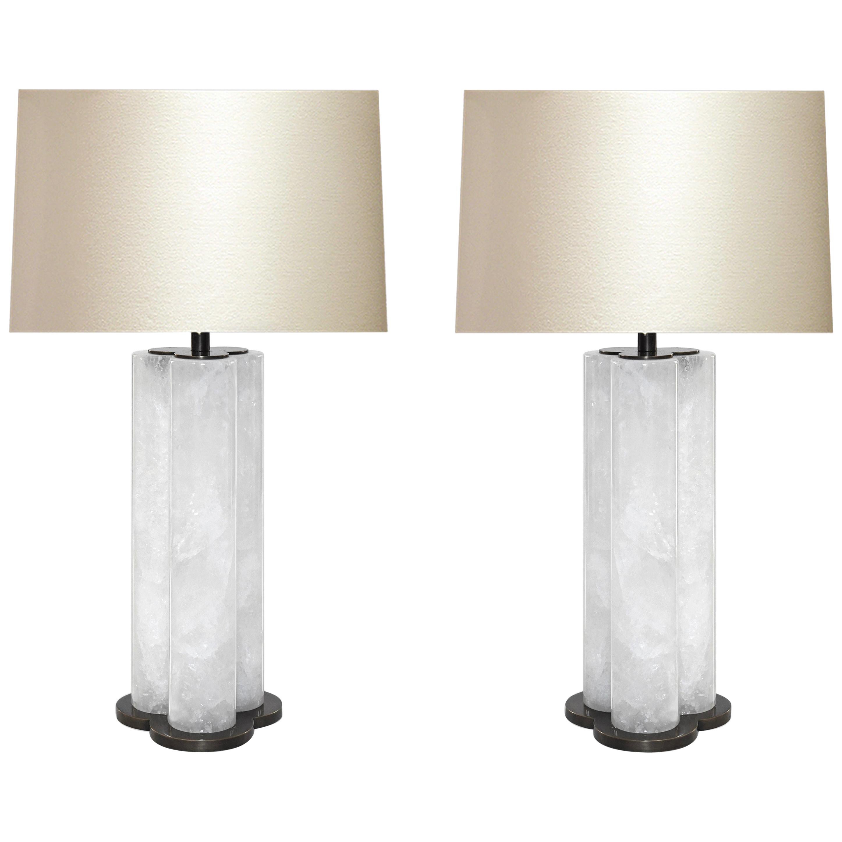 ​​Pair of Tri-Column Rock Crystal Quartz Lamps by Phoenix