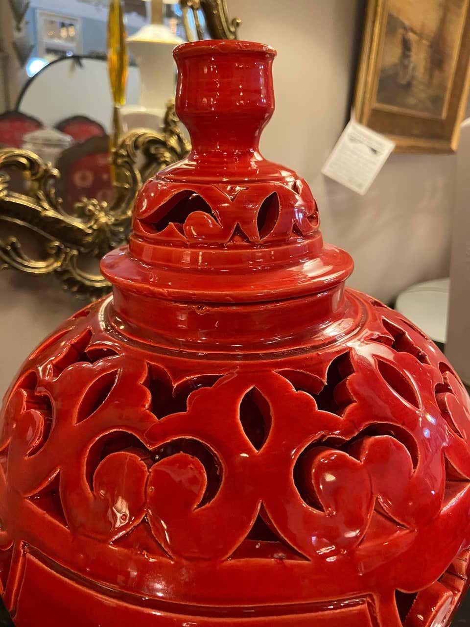 Contemporary Oriental Red and Black Ceramic Lidded Vase or Urn, a Pair  