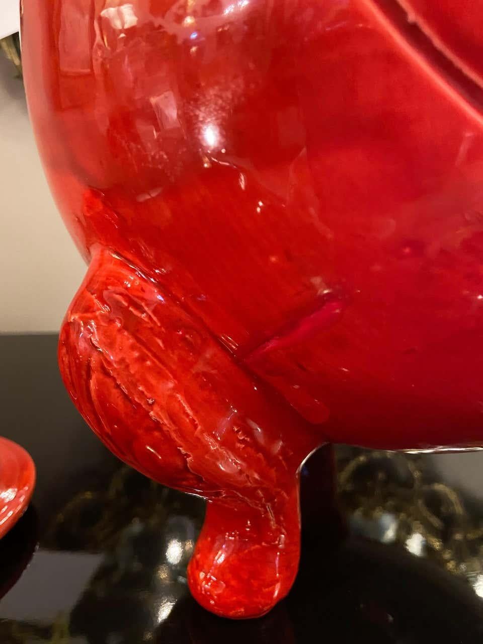 Oriental Red and Black Ceramic Lidded Vase or Urn, a Pair   1