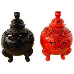 Oriental Red and Black Ceramic Lidded Vase or Urn, a Pair