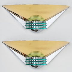 Pair of Triangle Shaped Brass and Glass Wall Lights from the 1980s