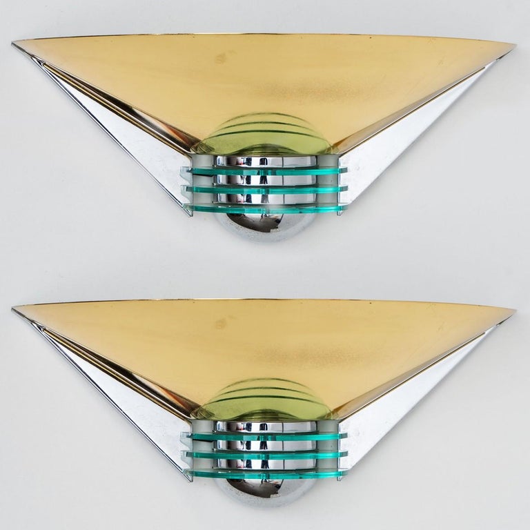 Pair of Triangle Shaped Brass and Glass Wall Lights from the 1980s For