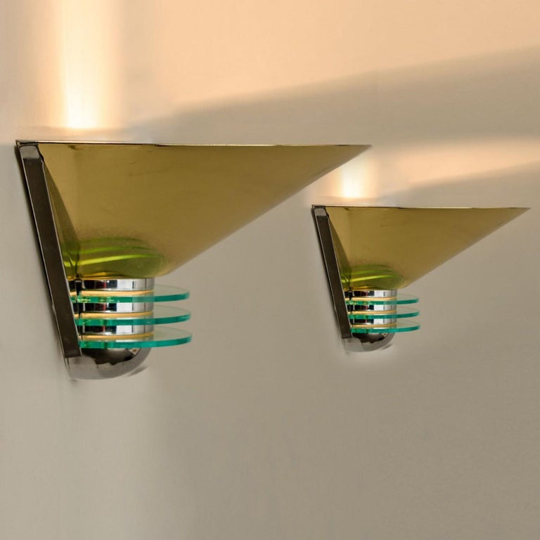 Pair of Triangle Shaped Brass and Glass Wall Lights from the 1980s For