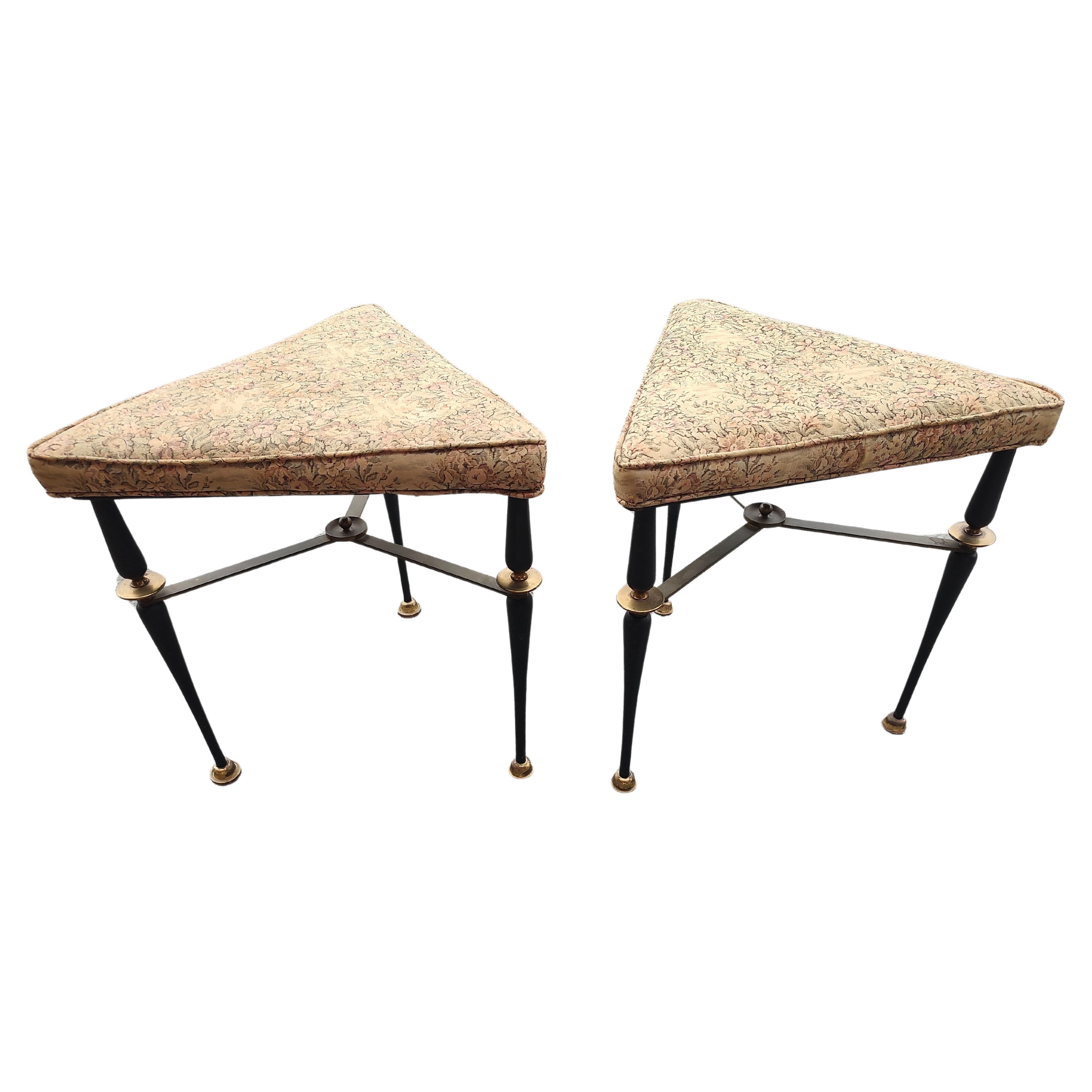 Fabulous high quality and unique pair of Triangular Benches in iron,  brass and upholstery. Heavy duty with brass stretchers and feet. Original upholstery is serviceable but in need of an update. Priced and sold as a pair.