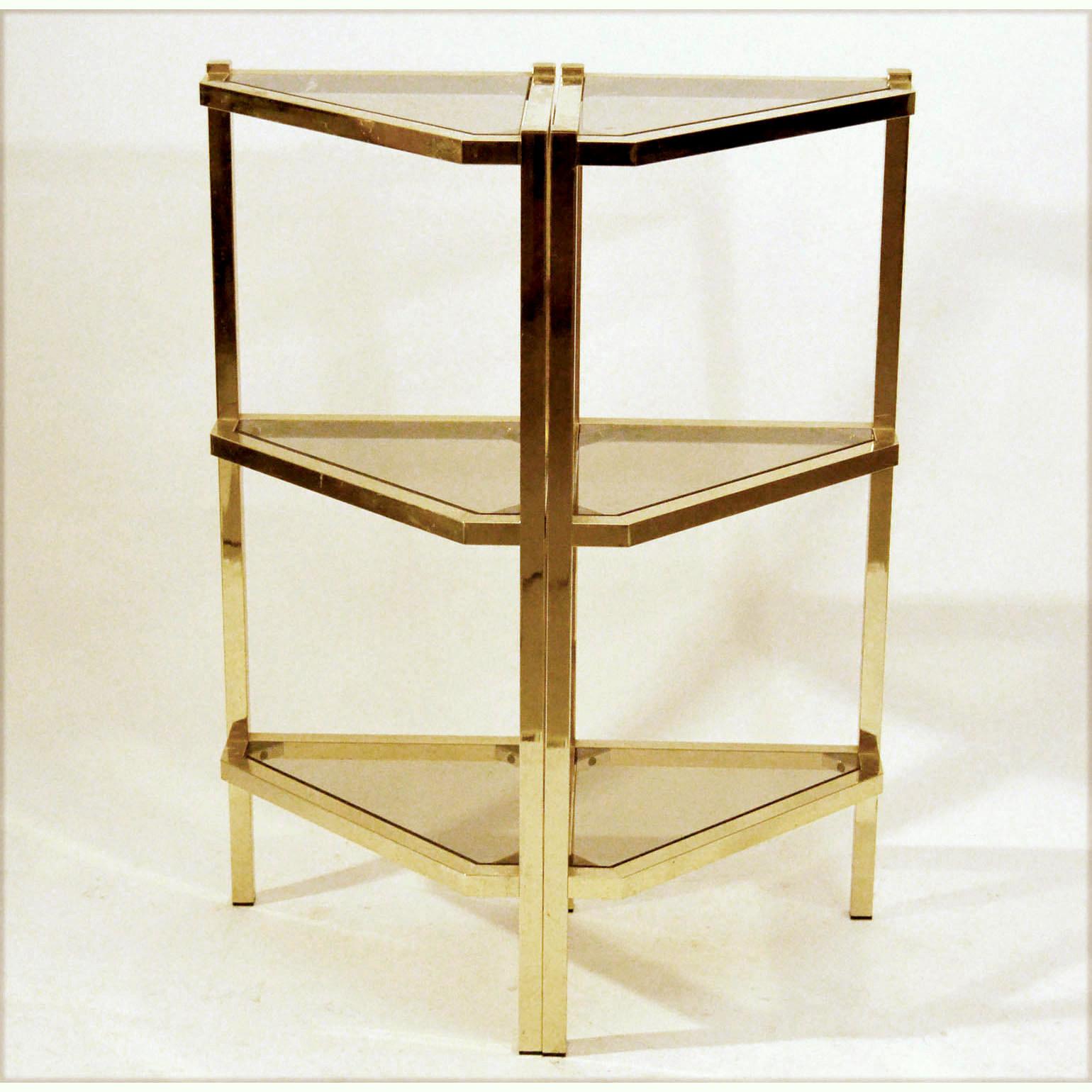 Hollywood Regency Pair of Triangular Brass and Glass 1970s Shelving Units