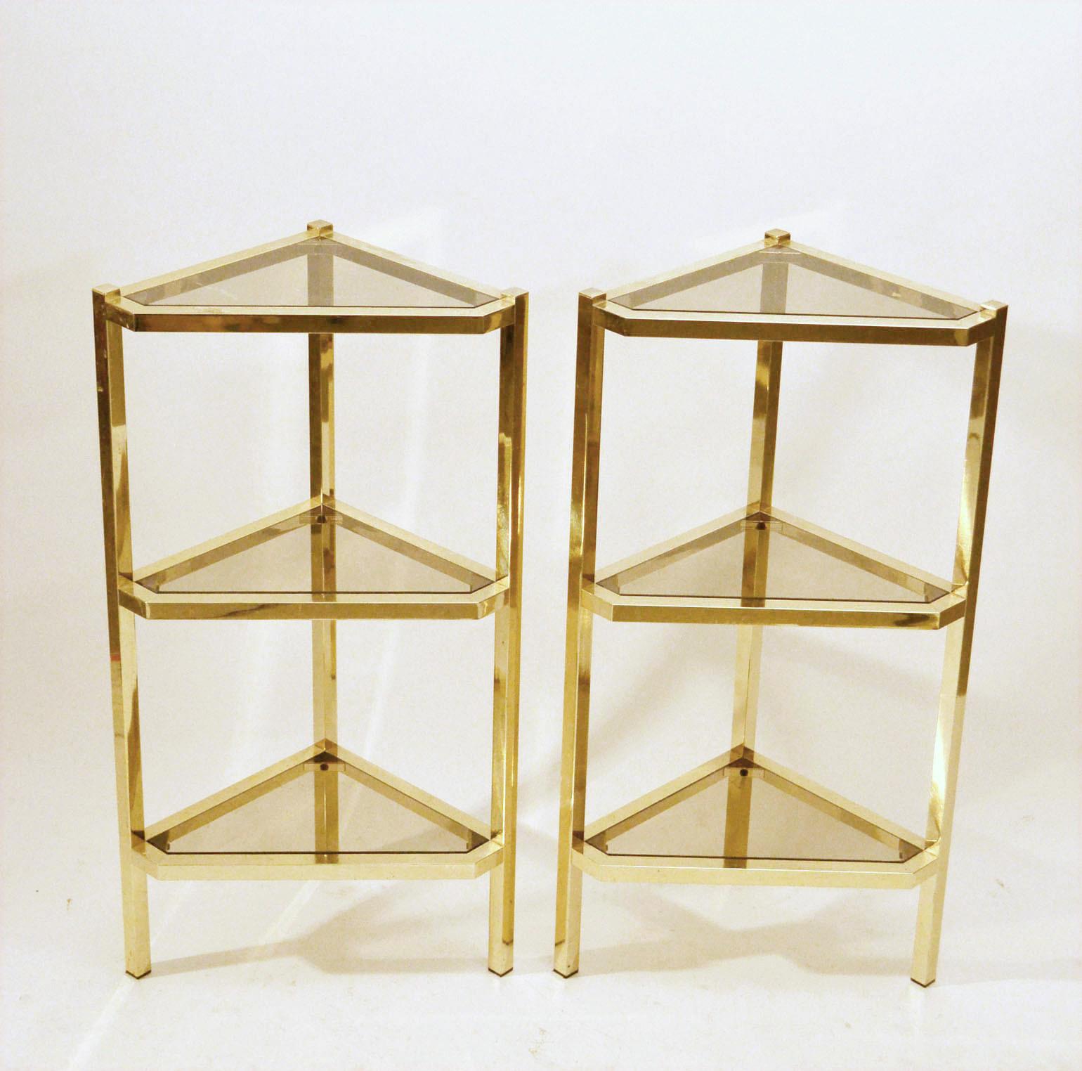 Belgian Pair of Triangular Brass and Glass 1970s Shelving Units