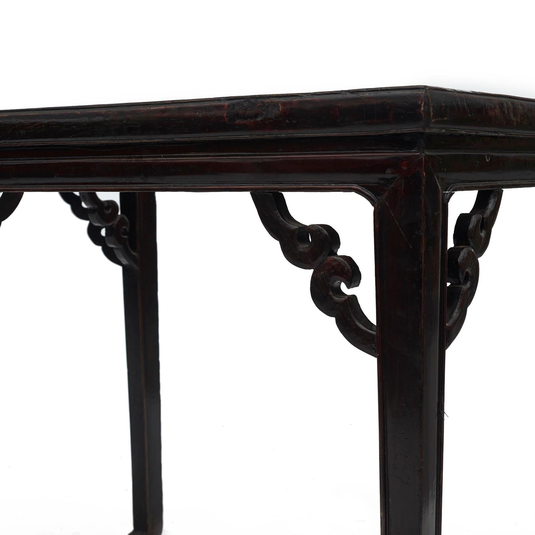 Lacquered Pair Of Triangular Black / Brown Console Tables For Sale
