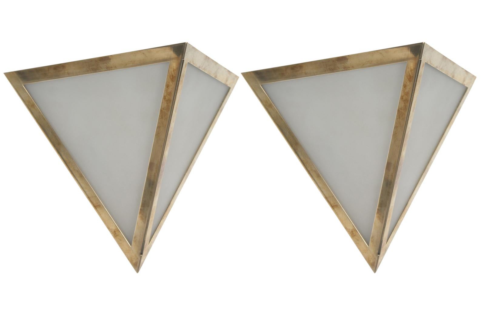 Industrial Pair of Triangular Opaque Glass Wall Sconces from a 1970s Cruise Ship Stateroom