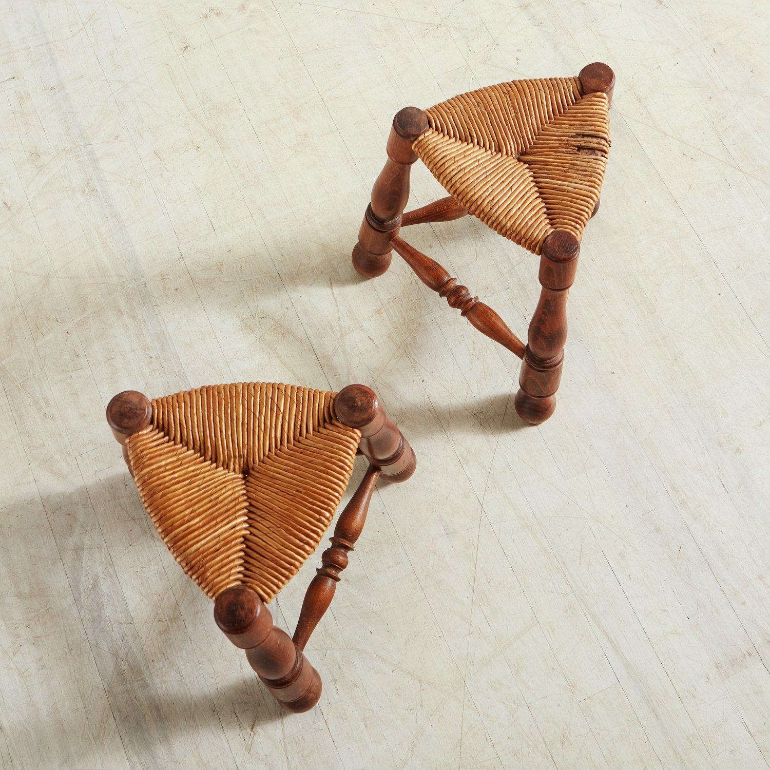 French Pair of Triangular Rush + Wood Stools, France 20th Century For Sale