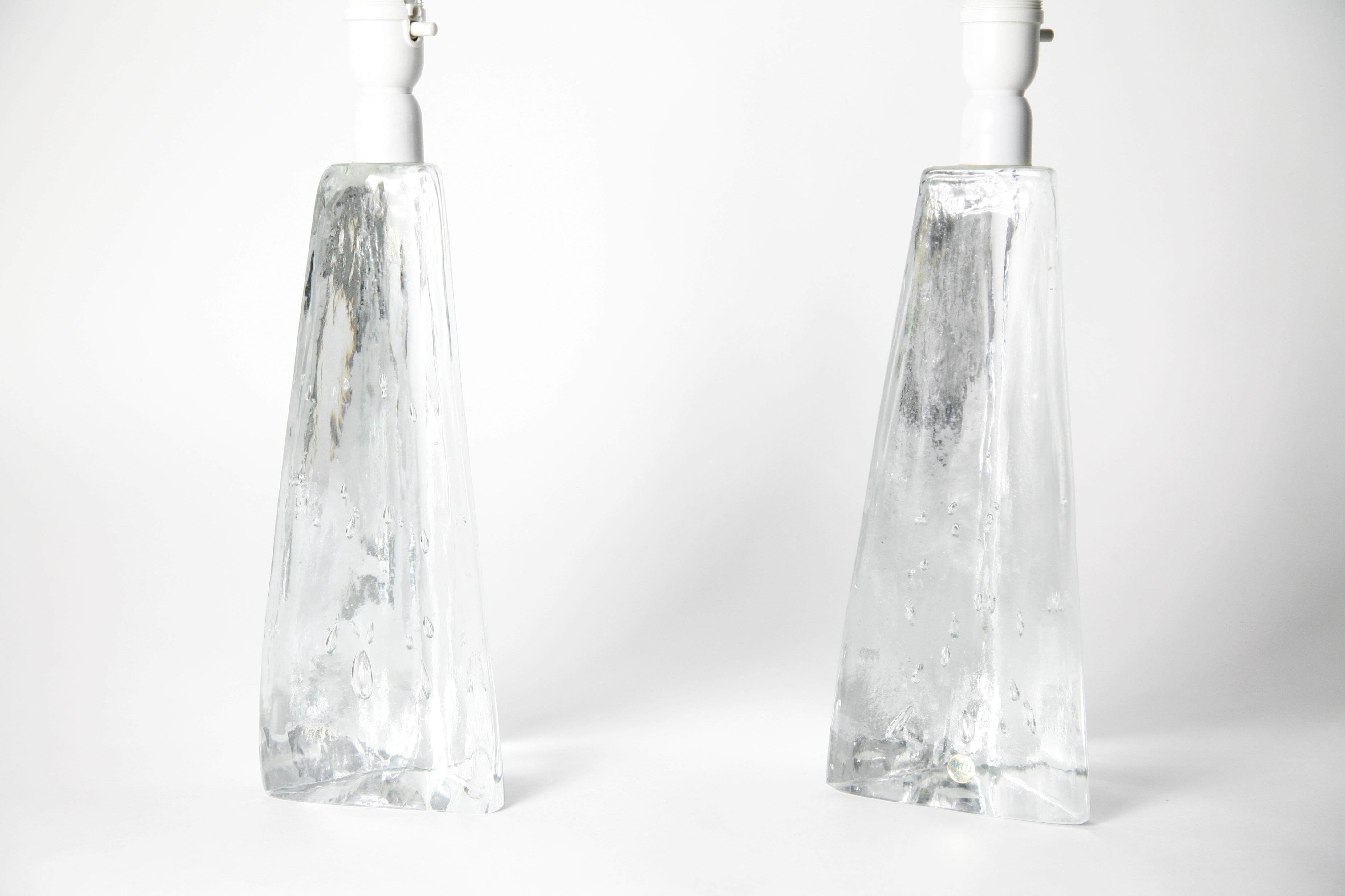 Swedish Pair of Triangular Solid Clear Aneta Lamps, Sweden, 1980 For Sale