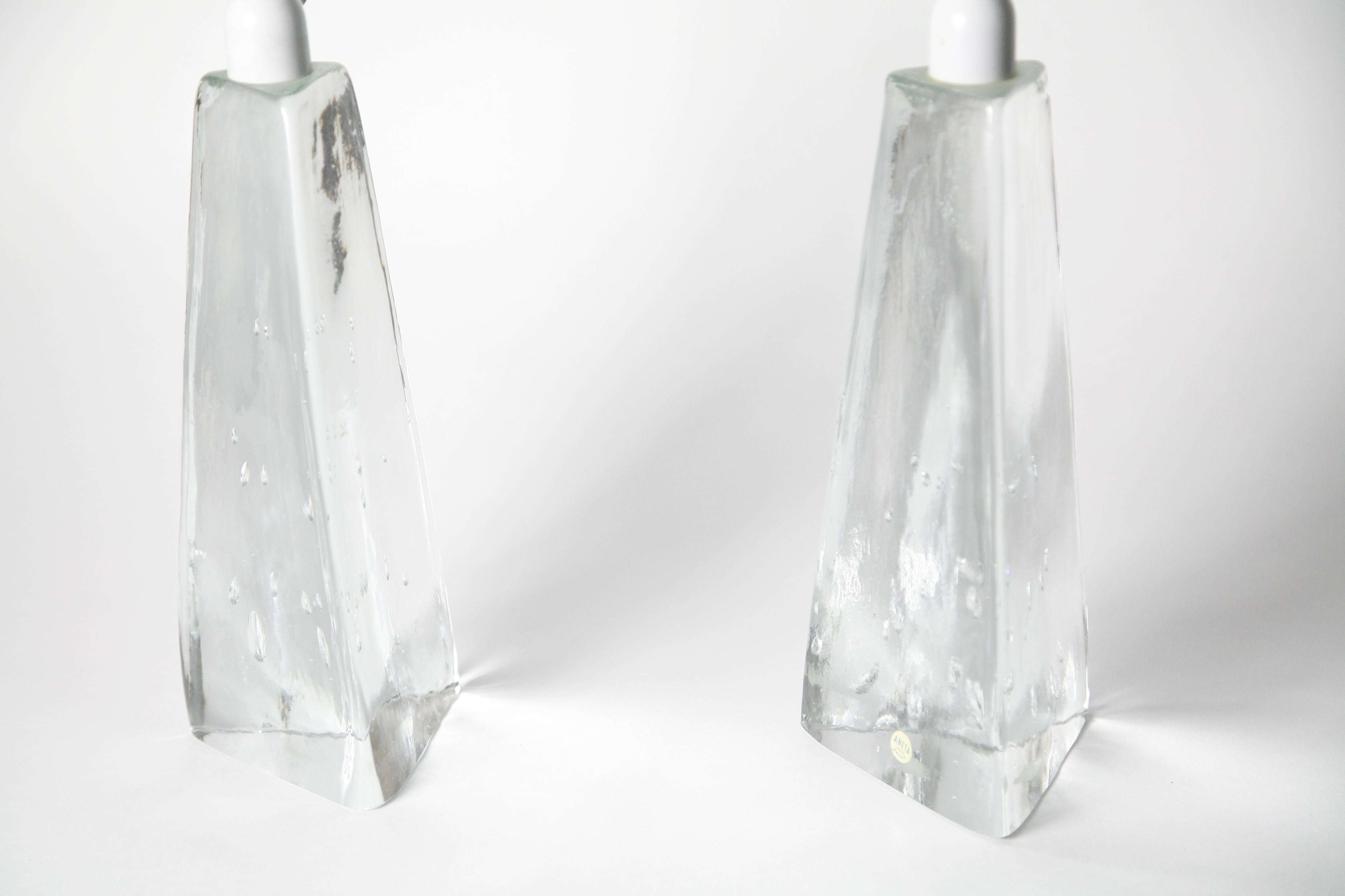Hand-Crafted Pair of Triangular Solid Clear Aneta Lamps, Sweden, 1980