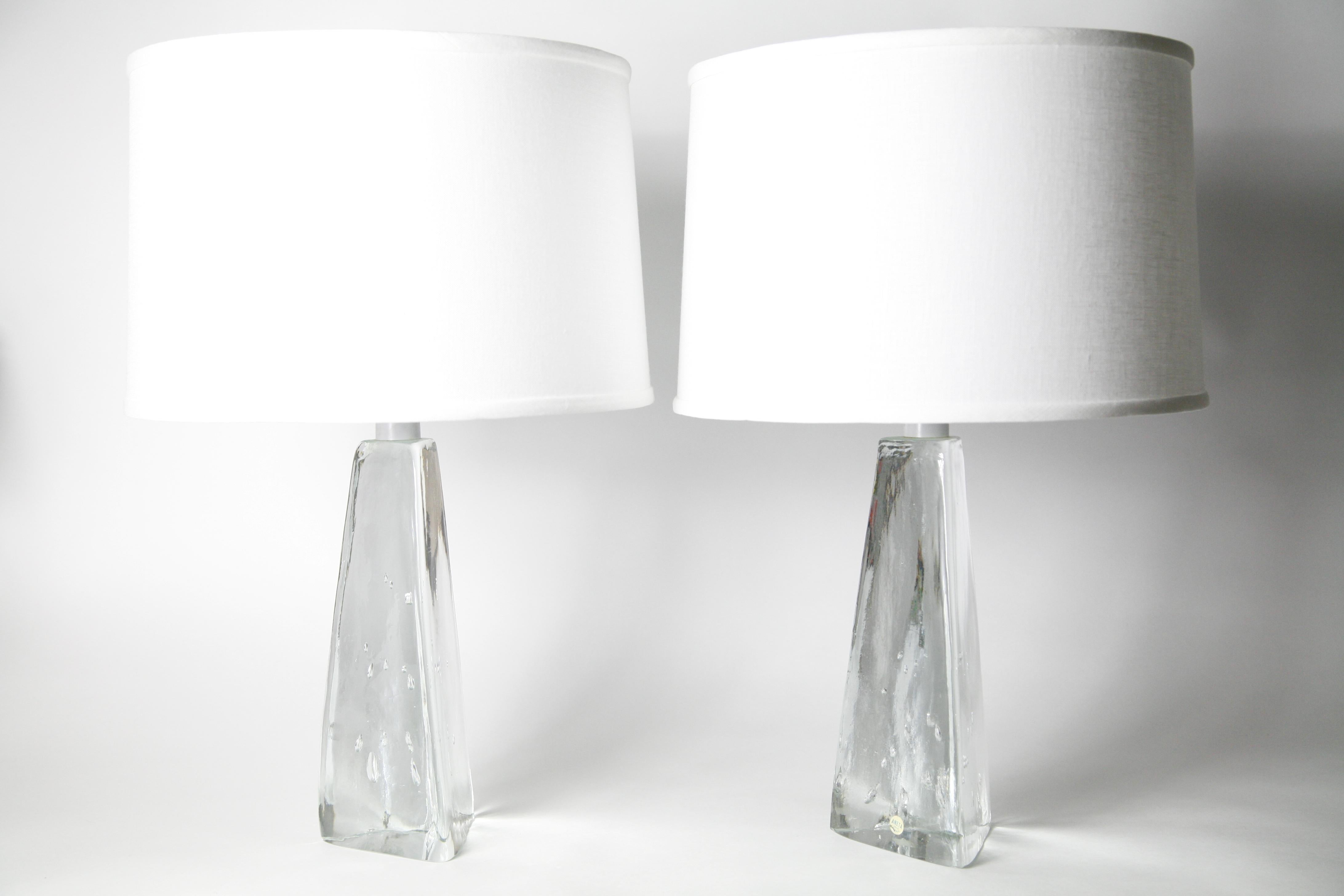 Hand-Crafted Pair of Triangular Solid Clear Aneta Lamps, Sweden, 1980 For Sale