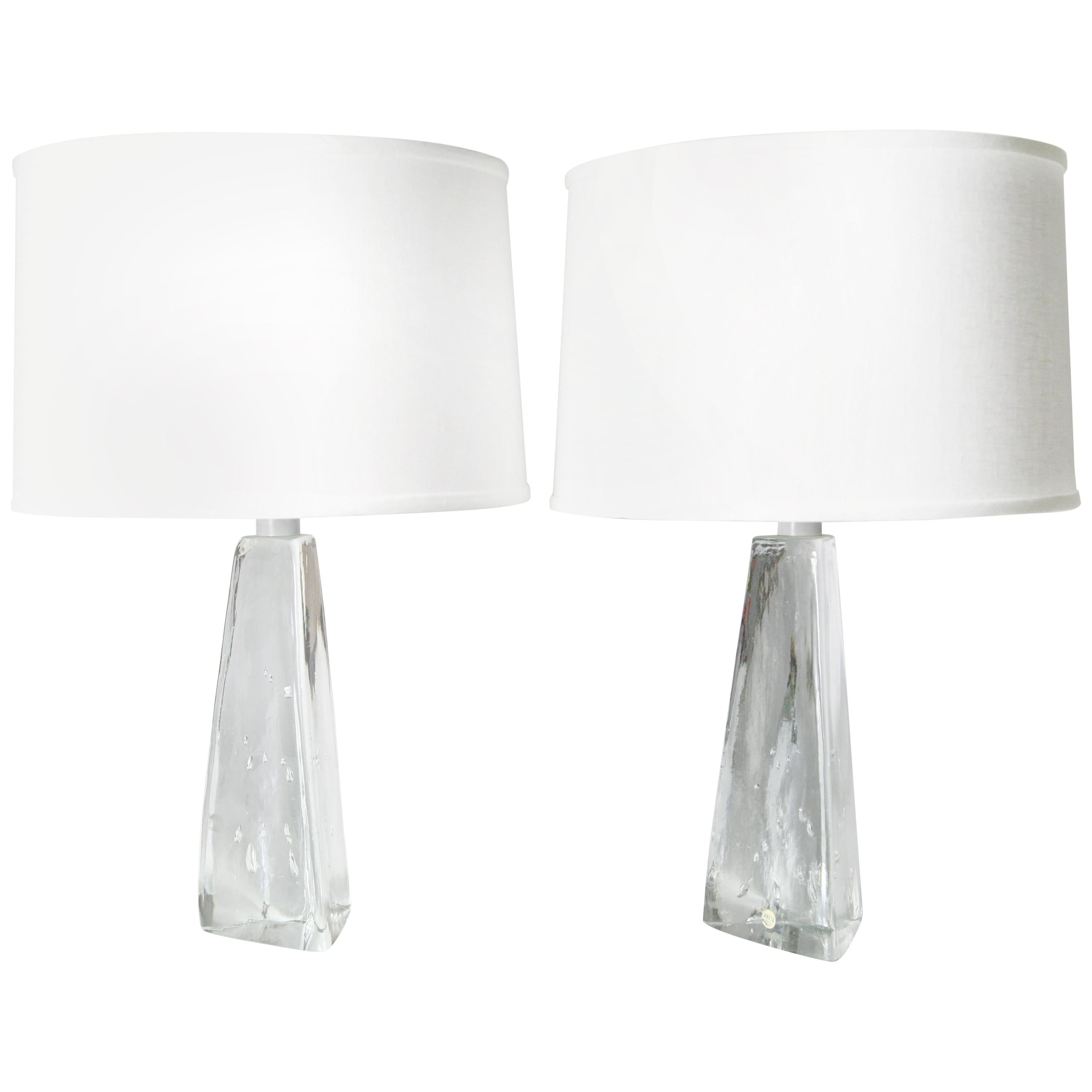 Pair of Triangular Solid Clear Aneta Lamps, Sweden, 1980