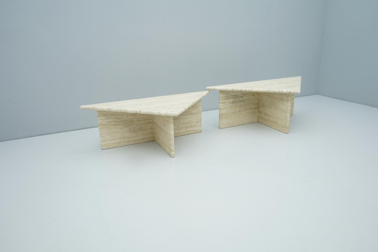 Mid-Century Modern Pair of Triangular Travertine Side or Coffee Table, Italy, 1970s