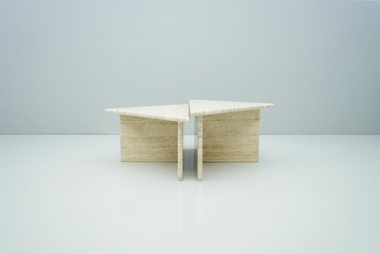 Pair of Triangular Travertine Side or Coffee Table, Italy, 1970s 3