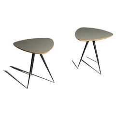 Pair of Triangular Wooden Tables with Iron Spiked Legs, Italy, 1950s