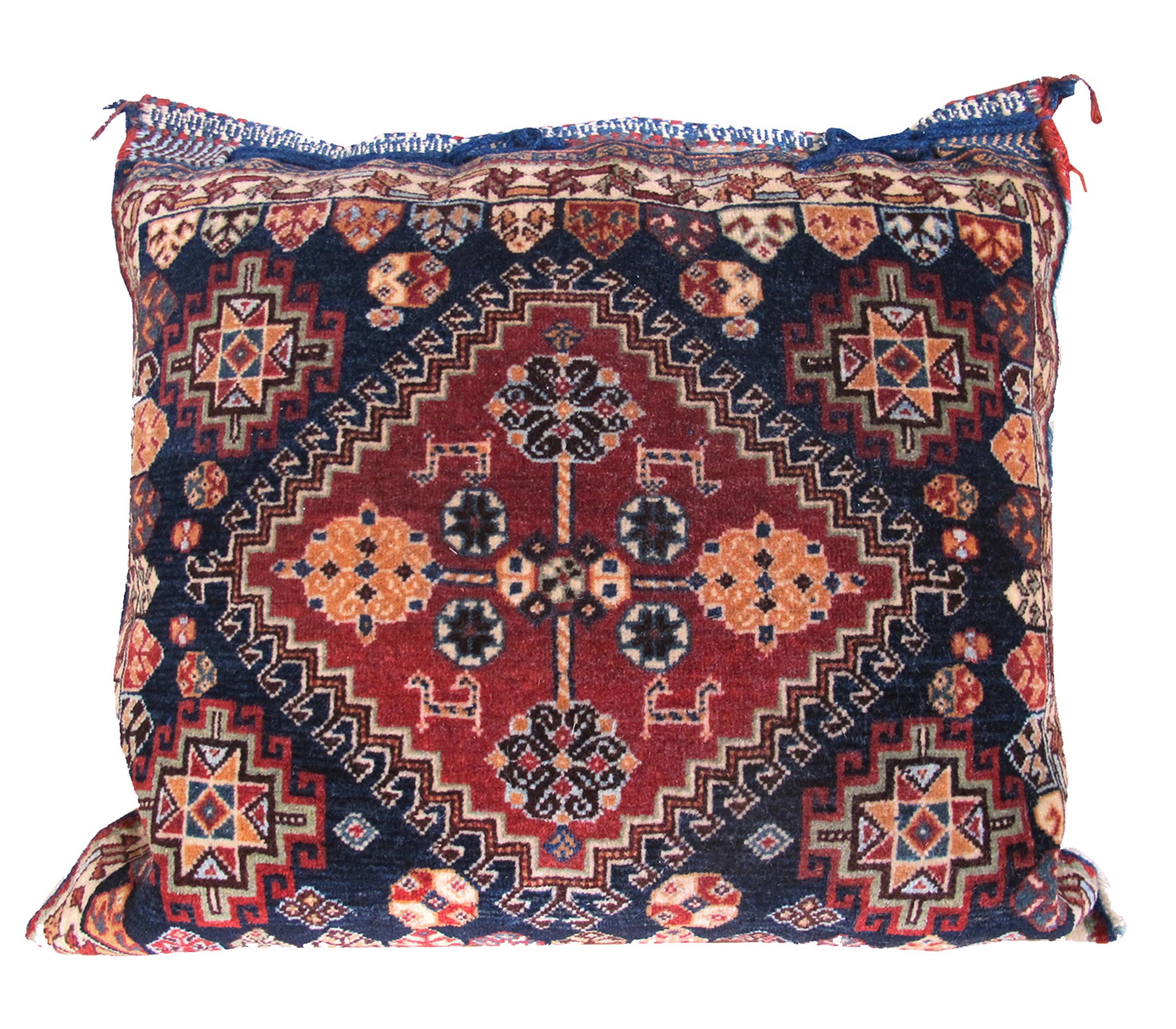 Persian Pair of Tribal Qashqai Bag Fragment Pillows with Striped Kilim Backs, c. 1900 For Sale