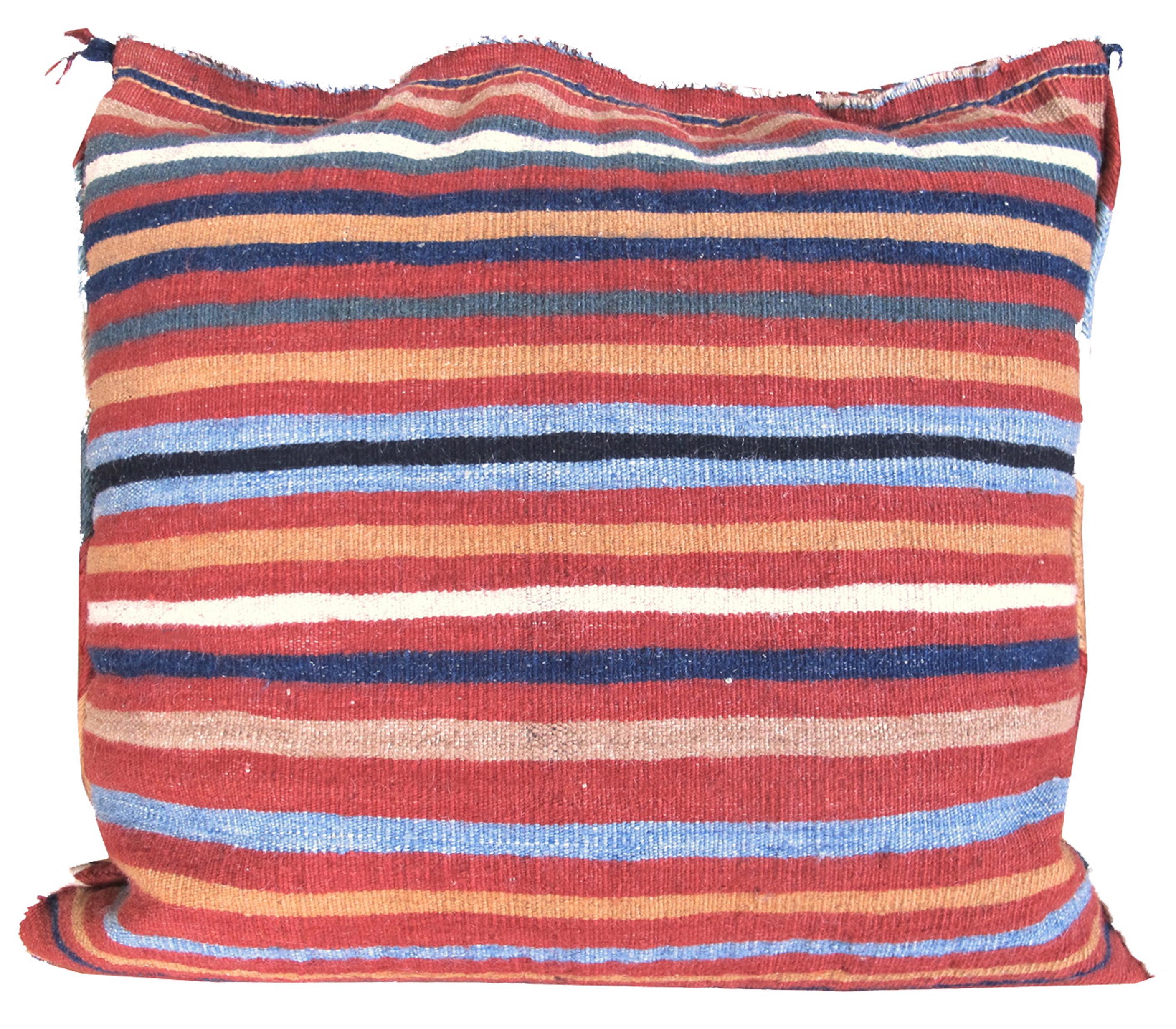 Hand-Knotted Pair of Tribal Qashqai Bag Fragment Pillows with Striped Kilim Backs, c. 1900 For Sale