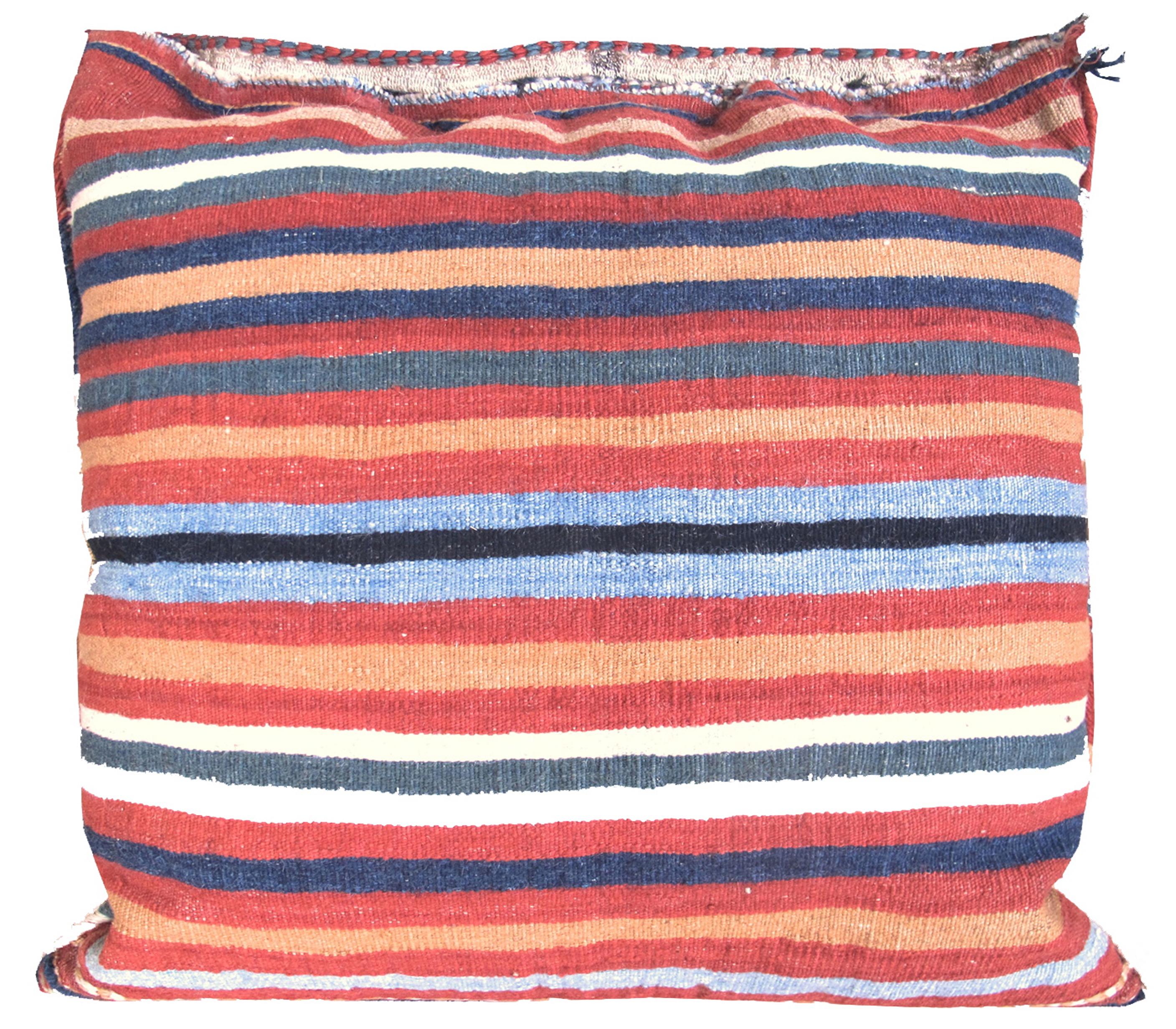 Pair of Tribal Qashqai Bag Fragment Pillows with Striped Kilim Backs, c. 1900 In Good Condition For Sale In San Francisco, CA