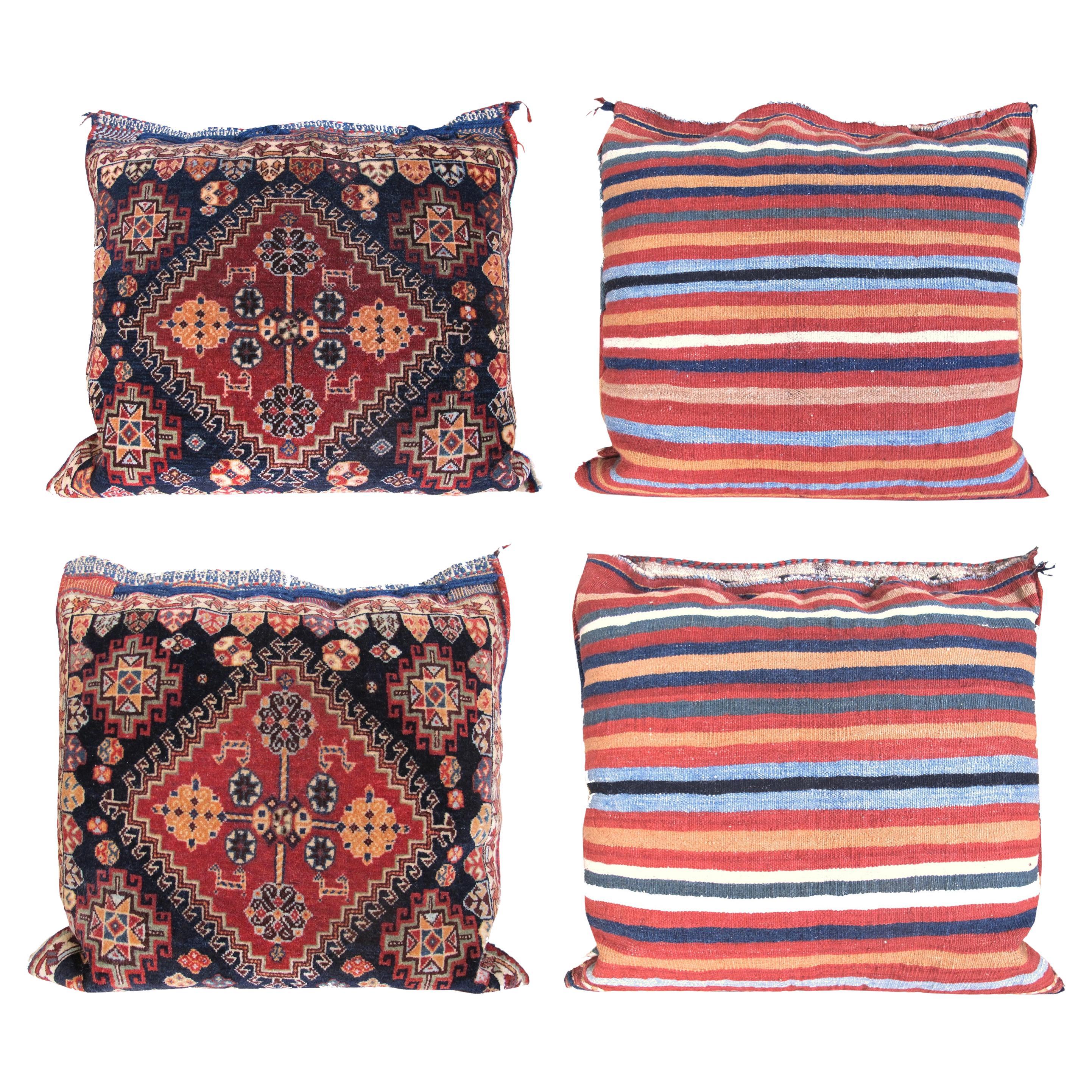 Pair of Tribal Qashqai Bag Fragment Pillows with Striped Kilim Backs, c. 1900 For Sale