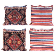 Pair of Tribal Qashqai Bag Fragment Pillows with Striped Kilim Backs, c. 1900