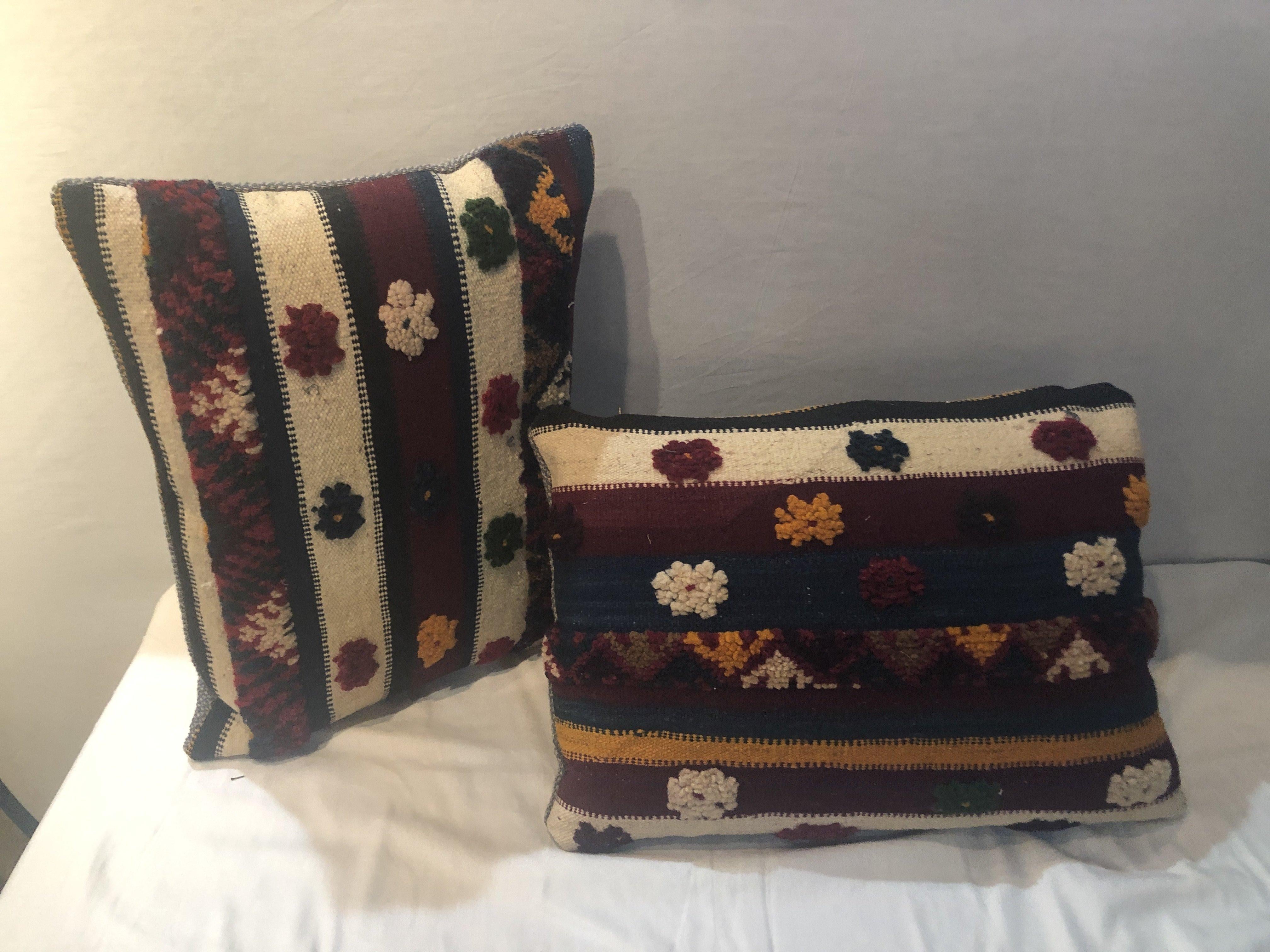Moorish Pair of Tribal Wool Vintage Kilim Cushions For Sale