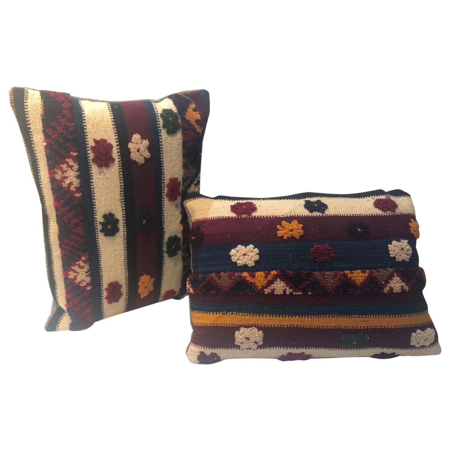 Pair of Tribal Wool Vintage Kilim Cushions For Sale