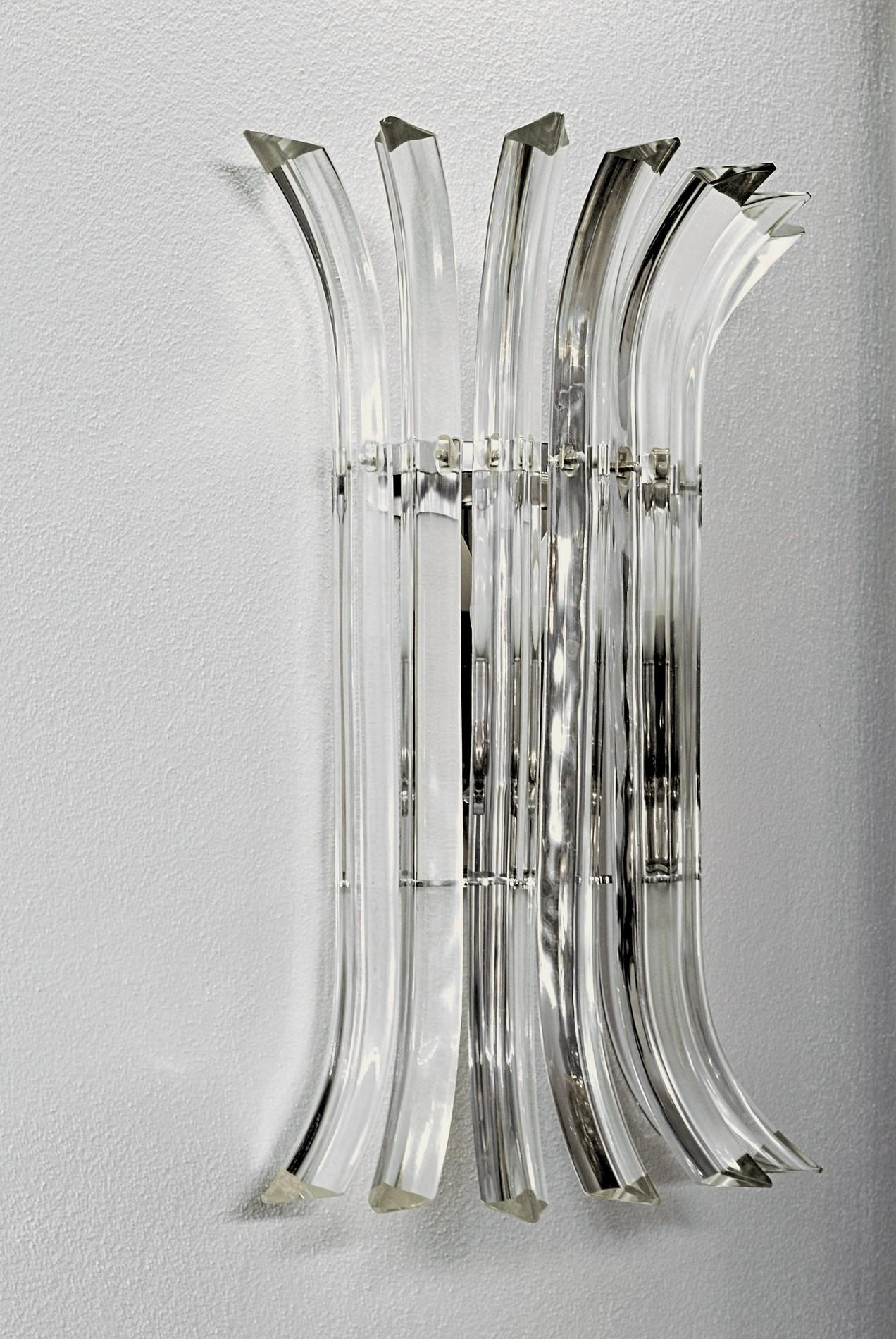 Pair of Triedri Sconces, Clear Glass, Murano, Four Sets Available, New Hardware 10